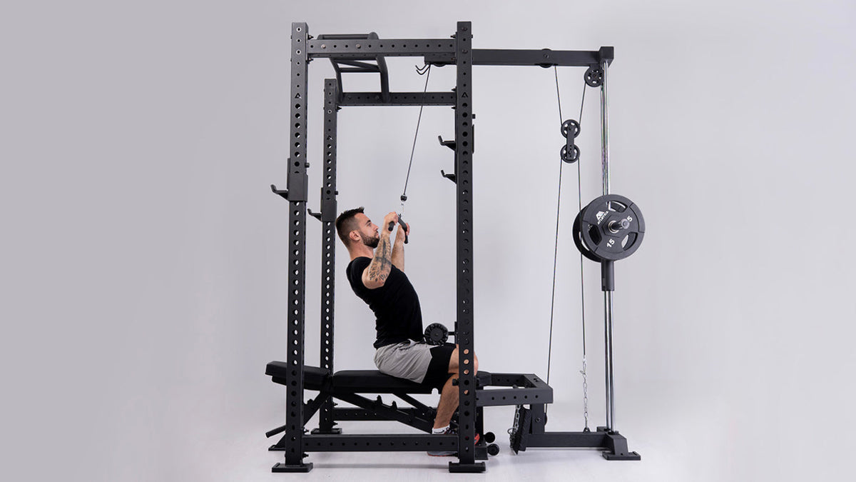 Lat Pulldown on the R8 Blackhawk Power Rack with cable pulley