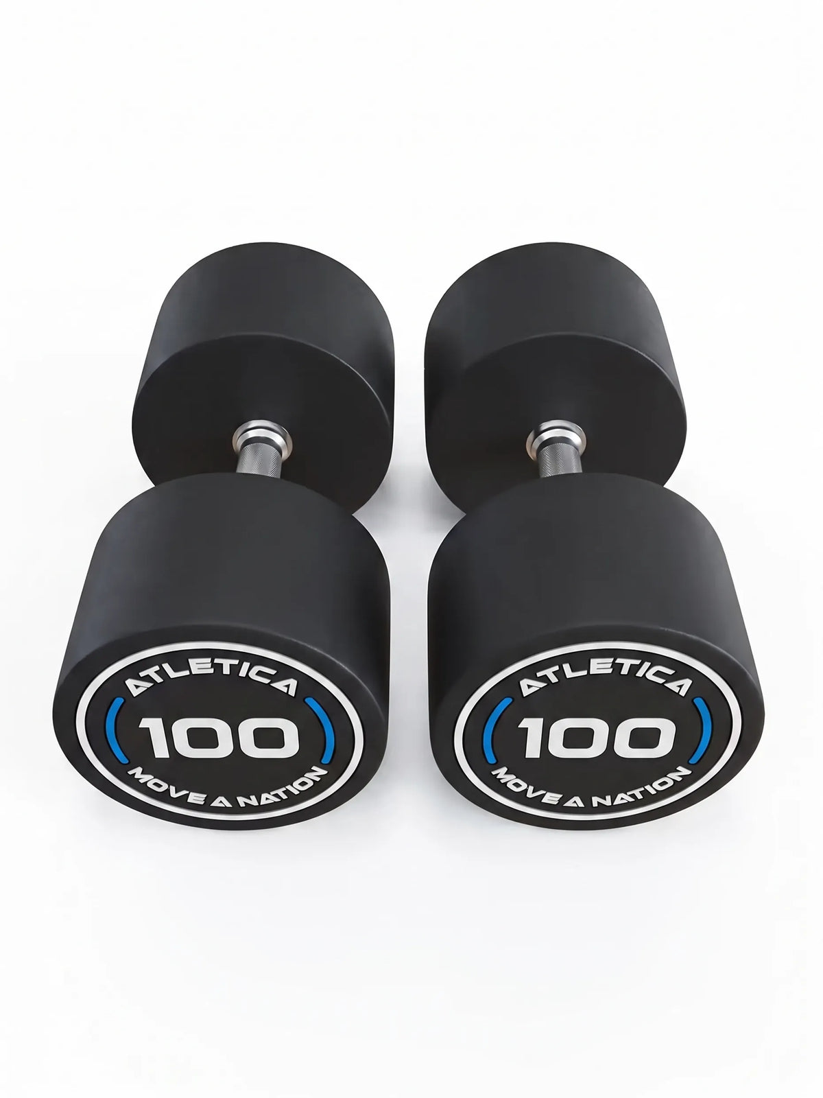 Round Dumbbells PRO in pairs - two black dumbbells, round ends, silver handles, made of polyurethane, for dumbbell strength training