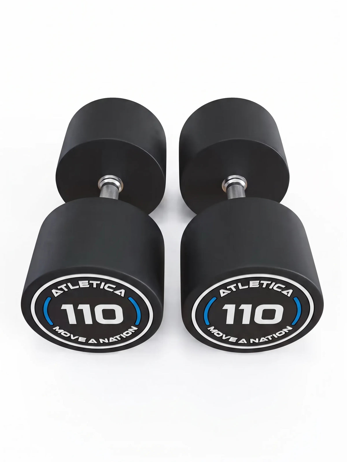 Round Dumbbells PRO In Pairs - four black dumbbells, round ends, silver handles, made of polyurethane, for dumbbell strength training