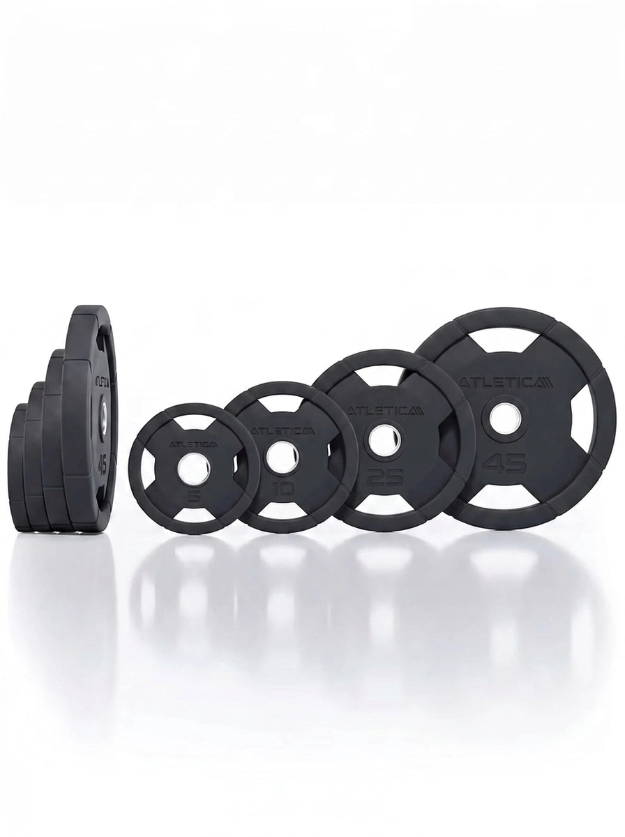Atletica 4H gripper plates set 170 lb, rubber-coated plates lined up by size, side view