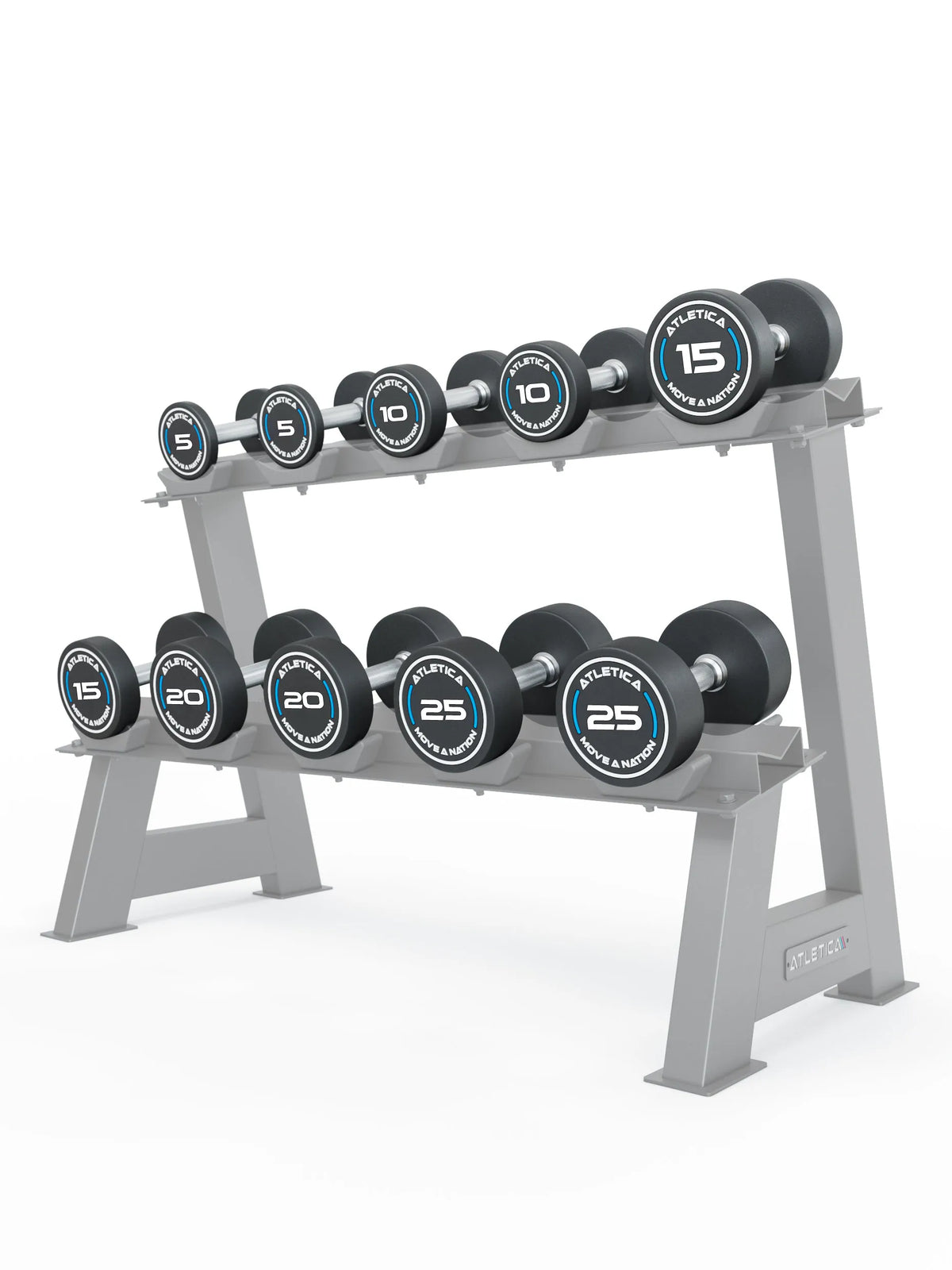 Round Dumbbells PRO Set 1 Beginner on dumbbell stand with ten black round dumbbells