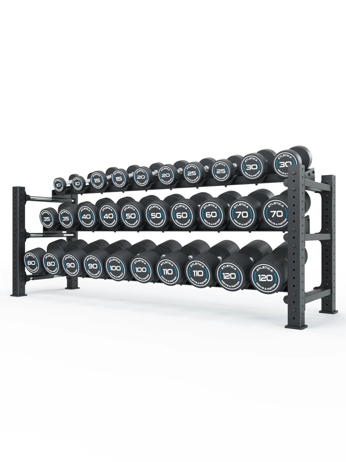 Round Dumbbells PRO Set 6 Complete with black dumbbells on a three-tier rack