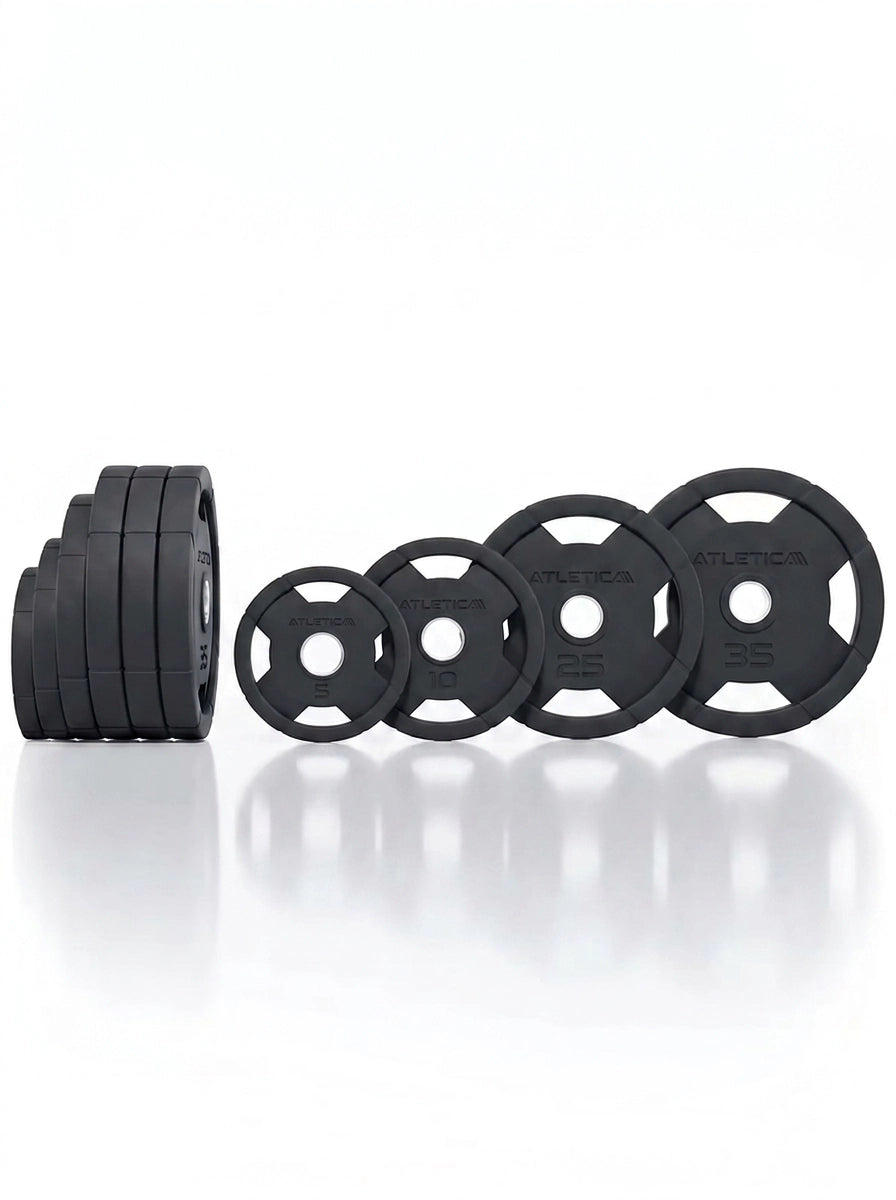 Atletica 4H Gripper plates set 240 lb, stacked and upright plates by size, front view