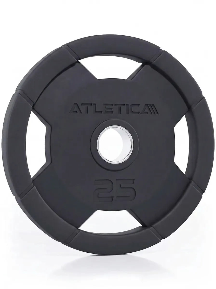 Atletica 4H gripper plate 25 lb, single black plate with four grip handles, front view
