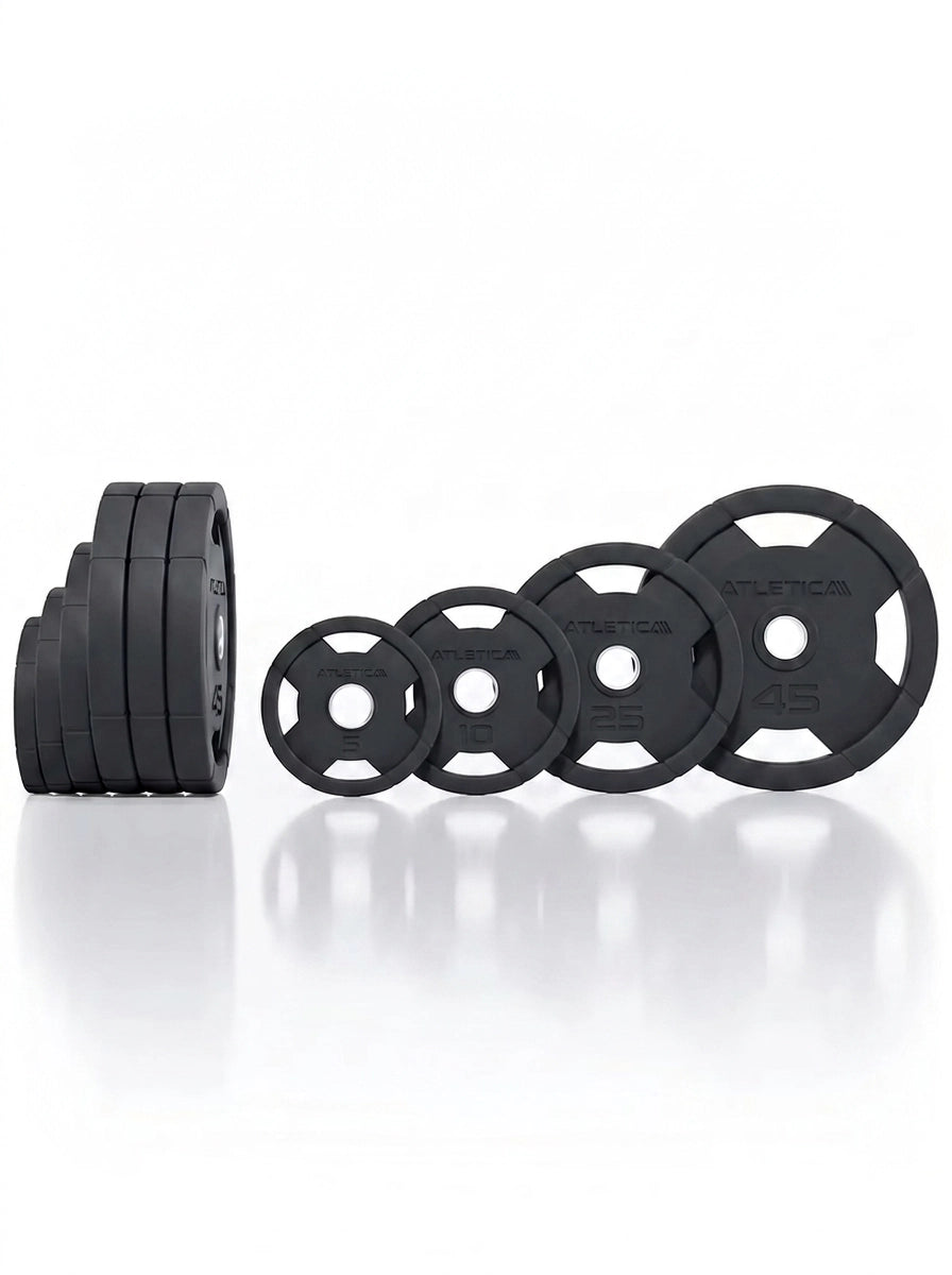 Atletica 4H rubber-coated gripper plates set 260 lb, plates lined up in side and front view