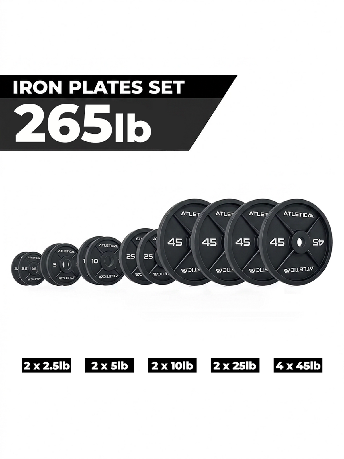 Iron Plates 265 lb Set with weight plates from 2.5 to 45 lb
