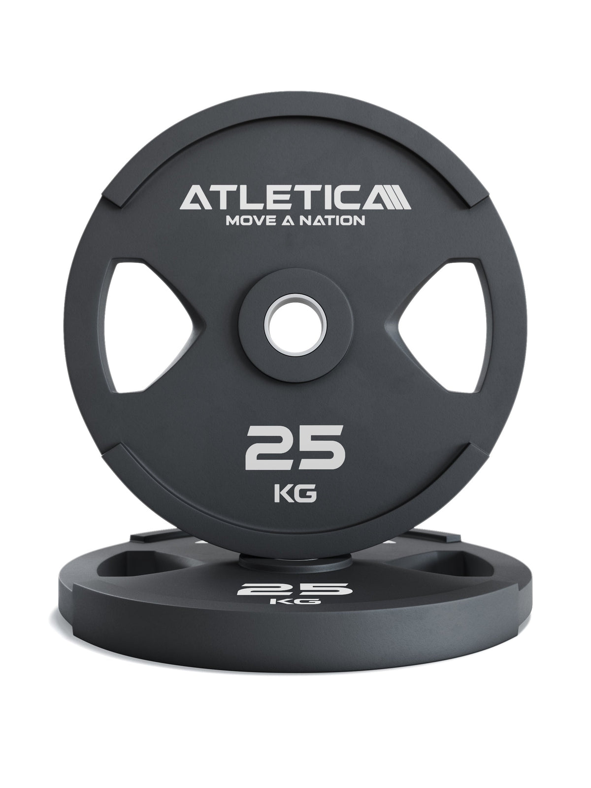 Atletica 2H gripper plates pair 55 lb, black rubber-coated, one standing on one lying, front view