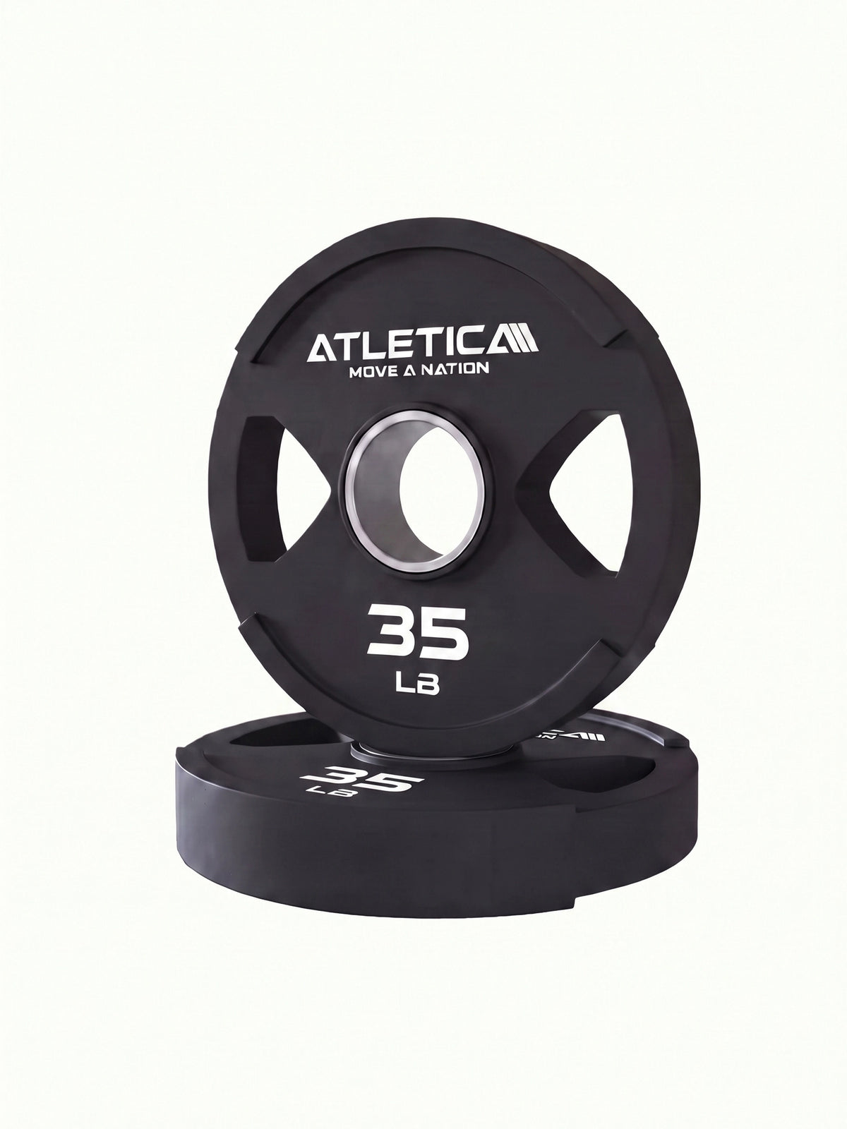 2H Gripper Plates 35 lb weight plate with stainless steel ring - resting pair, perspective view