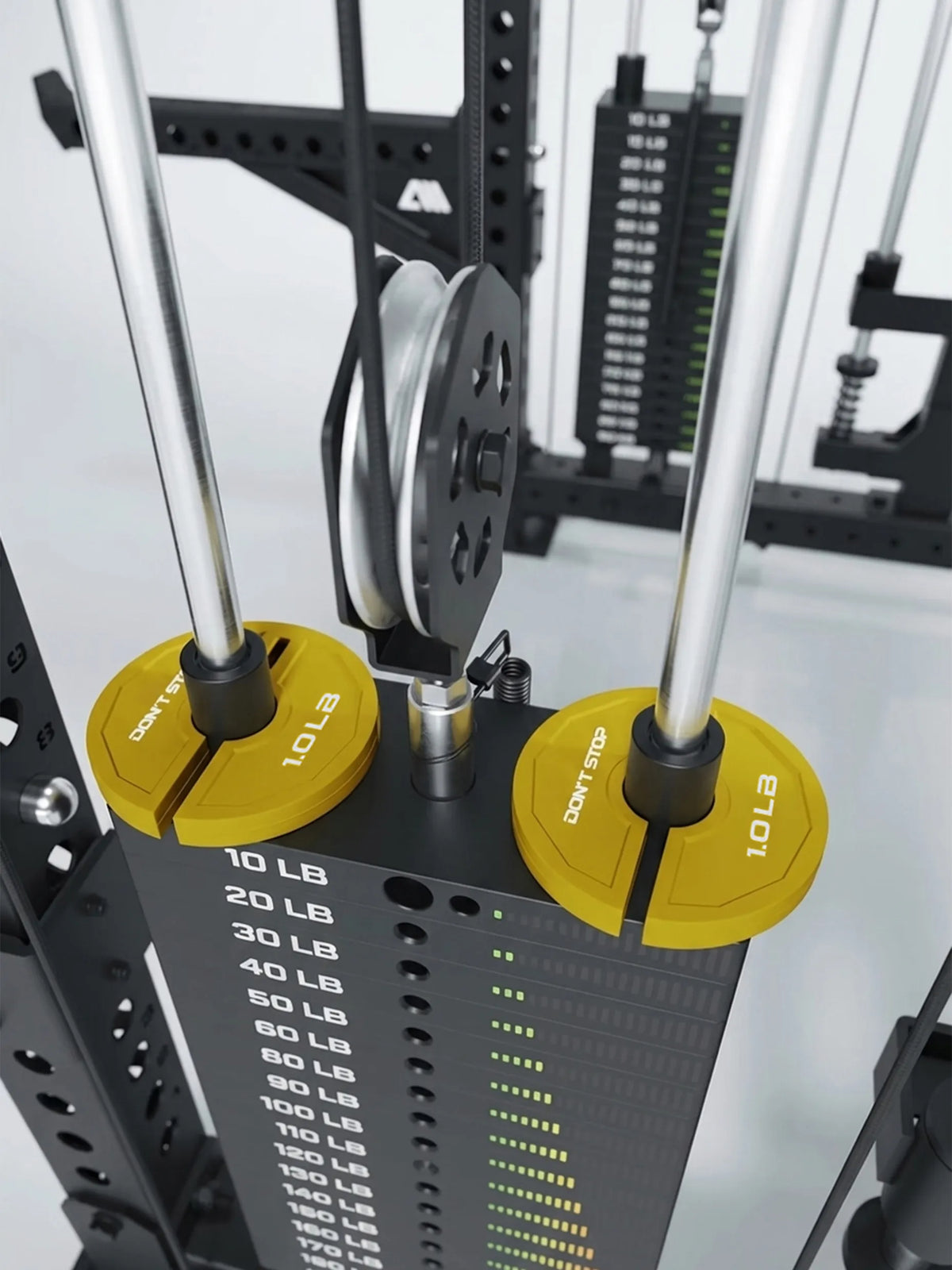 Add-On Flex Plates Colored - weight stack with yellow add-on weights, cable pulley, pulley