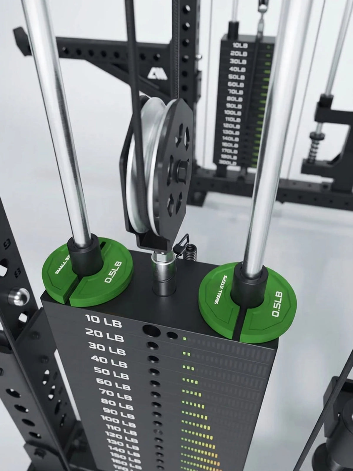 Add-On Flex Plates Colored - weight stack with green additional weights, cable pull, metal frame