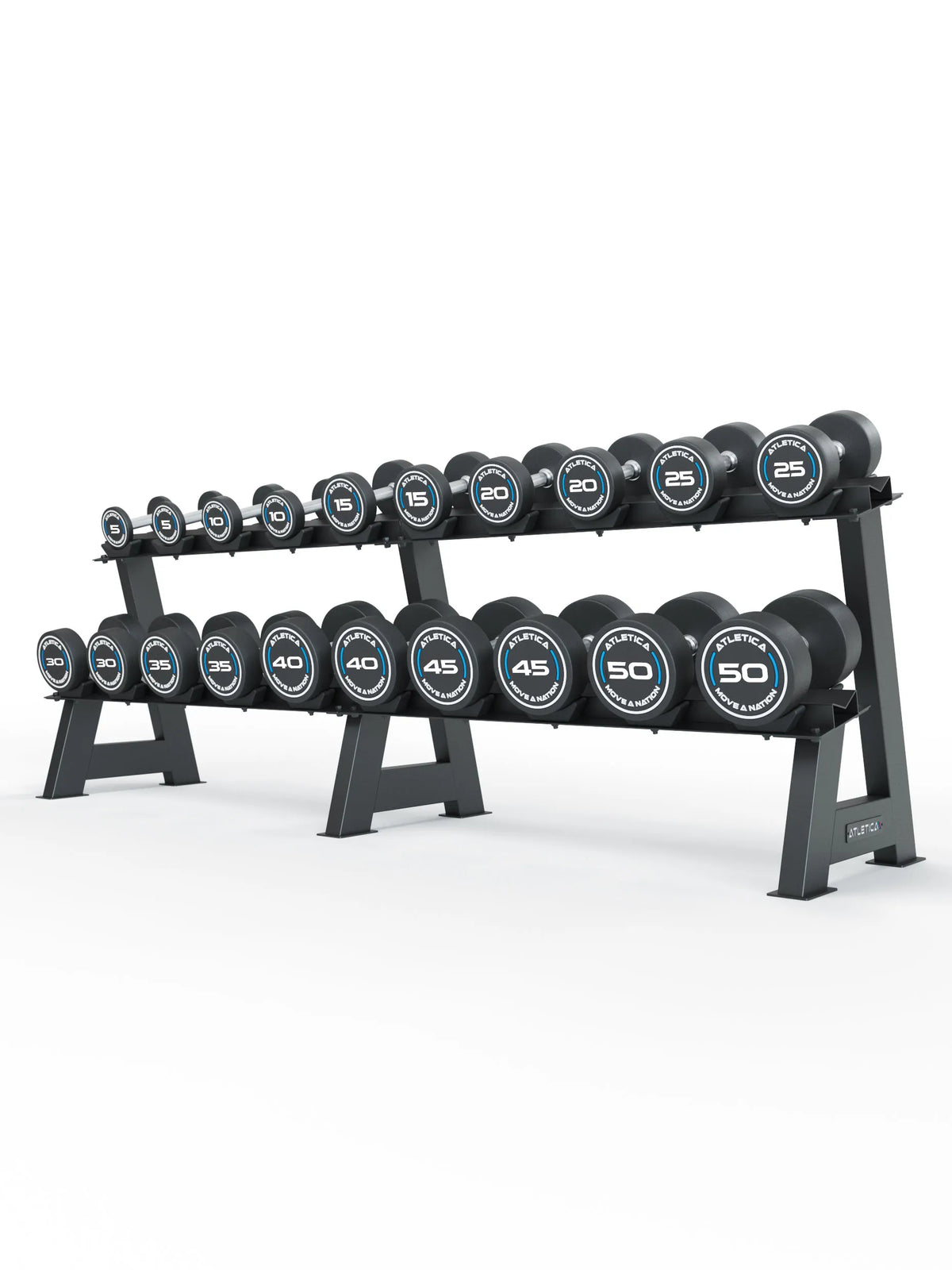 Round Dumbbells PRO Set 4 All-In Low with dumbbells from 5 to 50 lb on a dumbbell stand