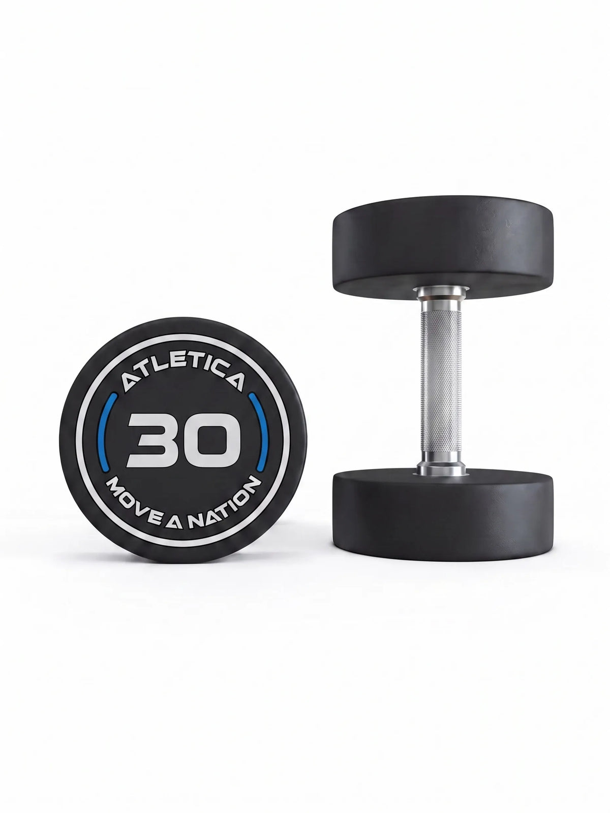Round Dumbbells PRO In Pairs - two dumbbells 35 lb, one standing, one lying, made of polyurethane, for dumbbell strength training