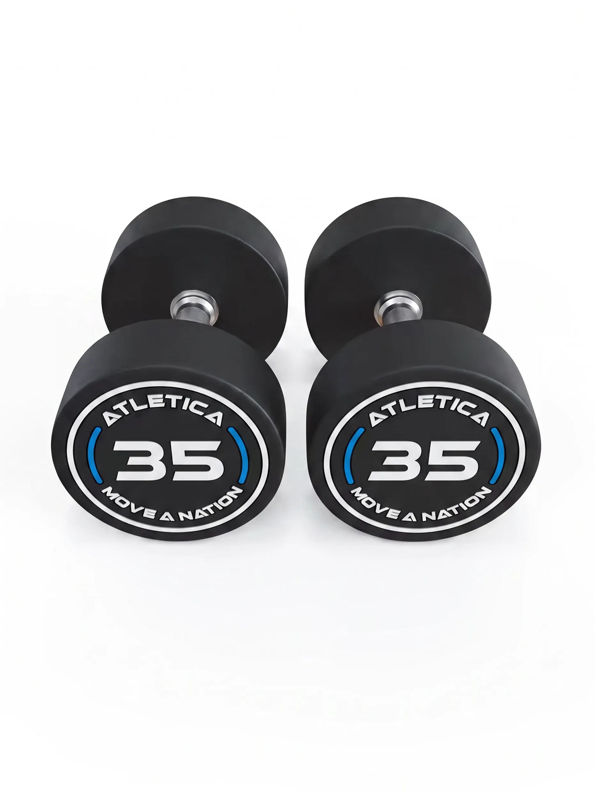 Round Dumbbells PRO In Pairs - two black dumbbells, weight 40 lb, silver handles, made of polyurethane, for dumbbell strength training
