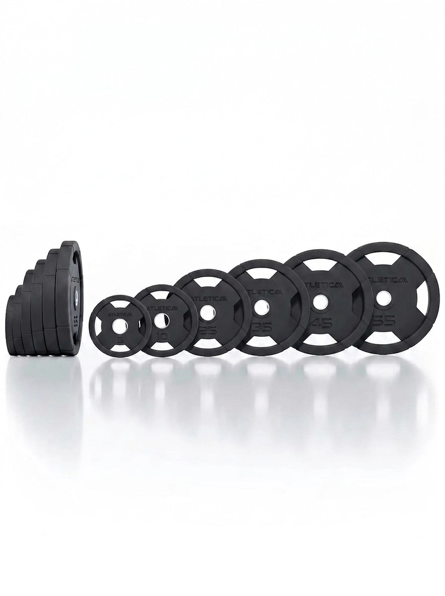 Atletica 4H gripper plates set 350 lb, plates in a row next to a stacked edge view