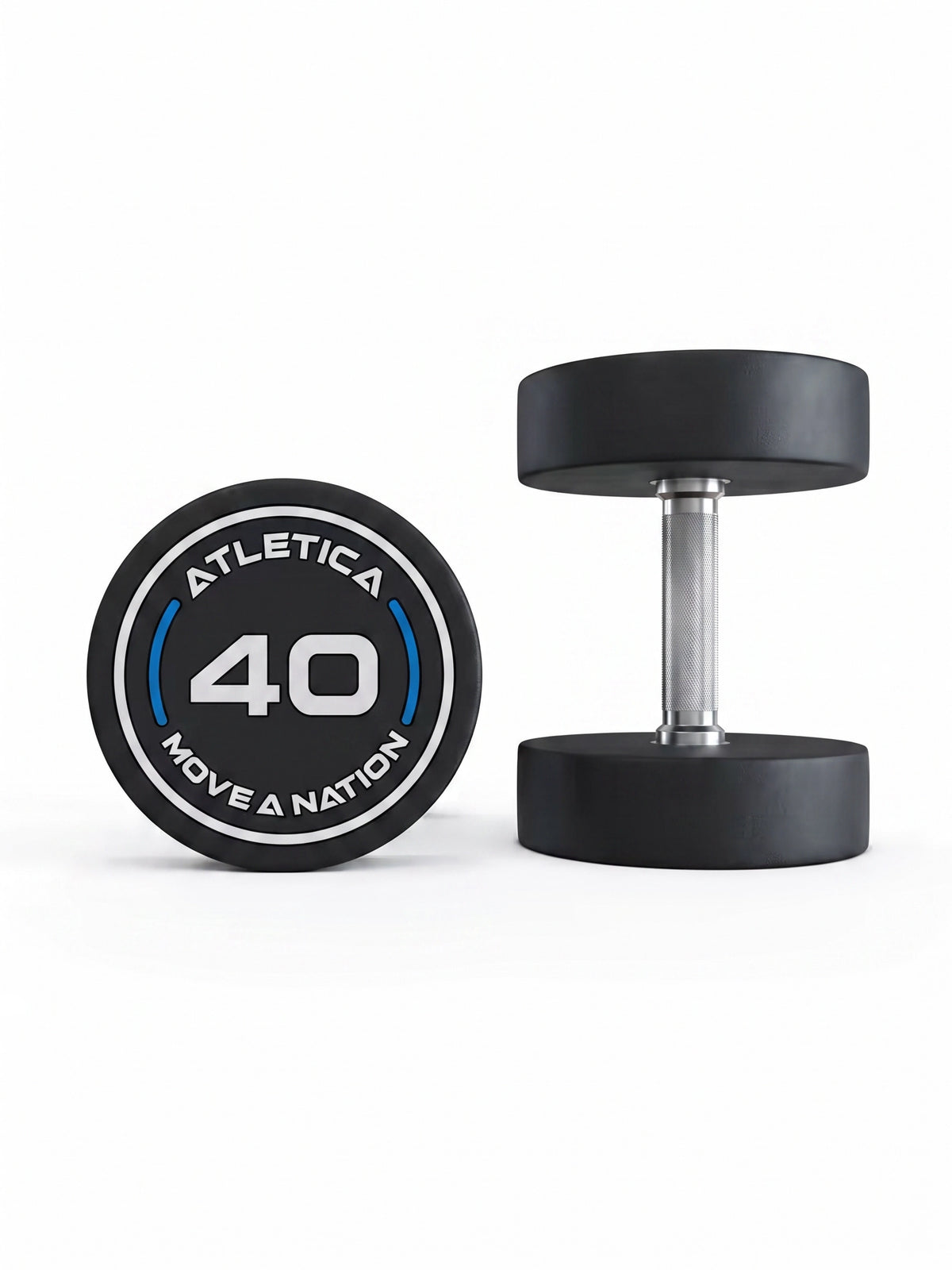 Round Dumbbells PRO 40 lb Pair - one dumbbell standing, one lying
