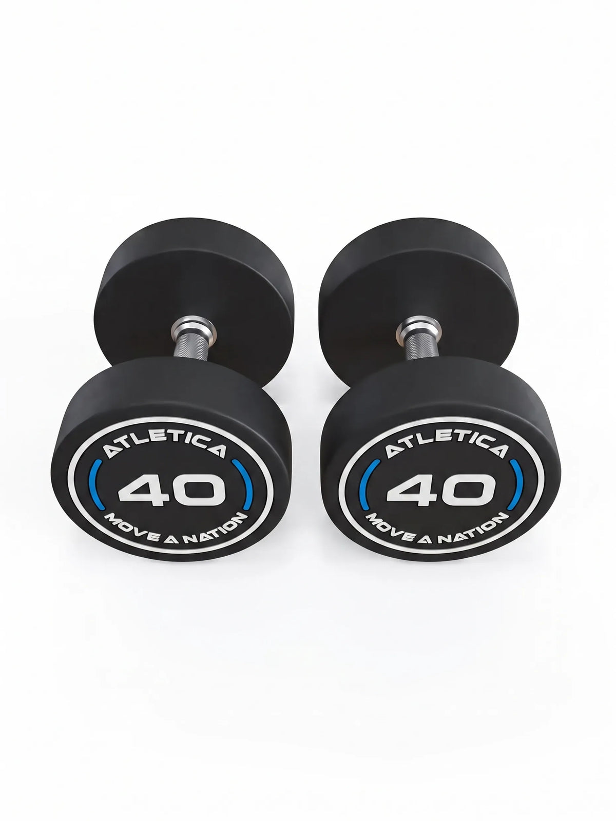 Round Dumbbells PRO In Pairs - Two black dumbbells, 45 lb each, made of polyurethane, with silver handle, for dumbbell strength training