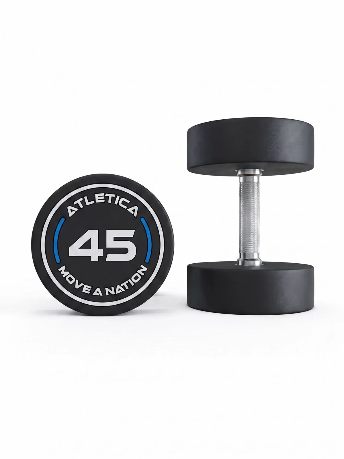 Round Dumbbells PRO 45 lb Pair - one dumbbell standing, one lying