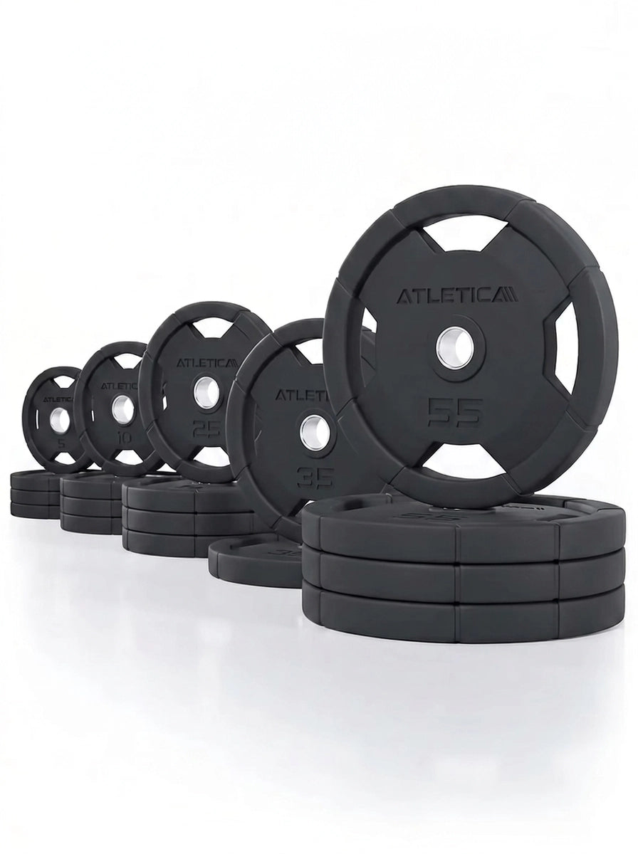 Atletica 4H Grip Plates set 450 lb, black plates lined up with largest plates stacked