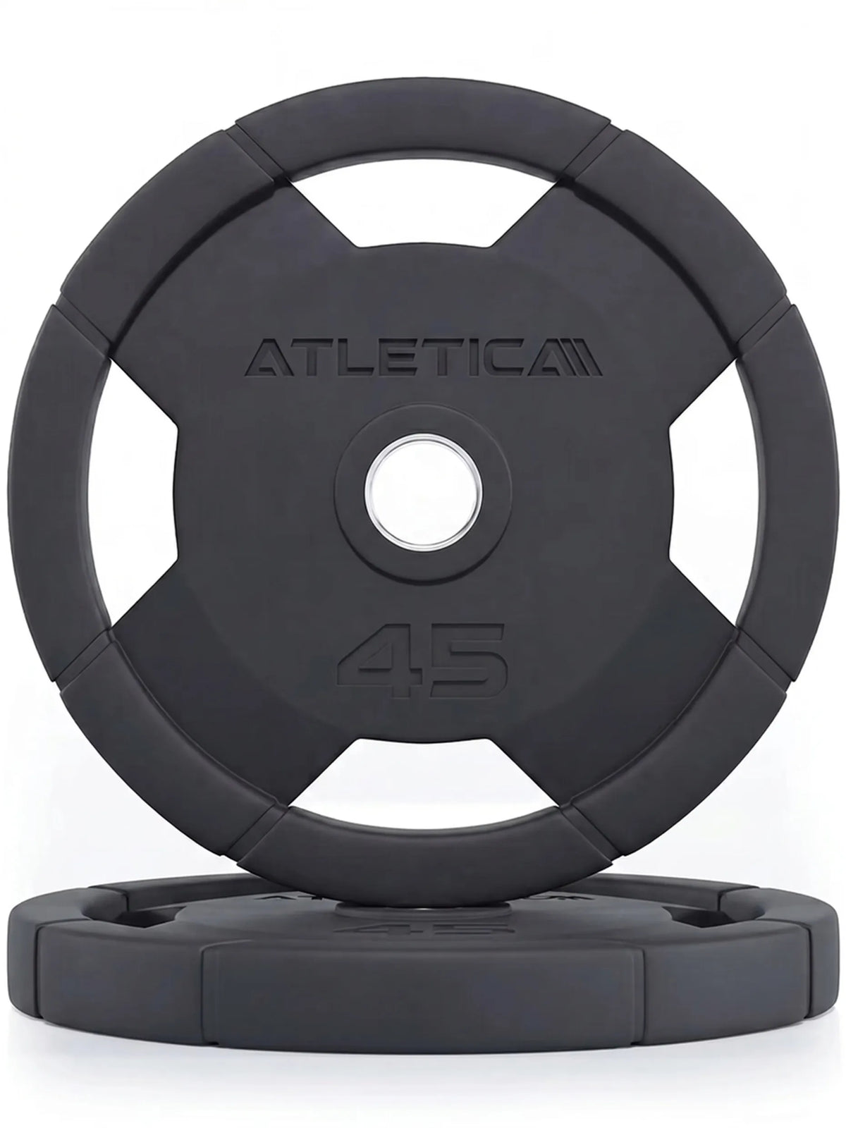 Atletica 4H grip plates pair 45 lb, one standing on one lying, front view