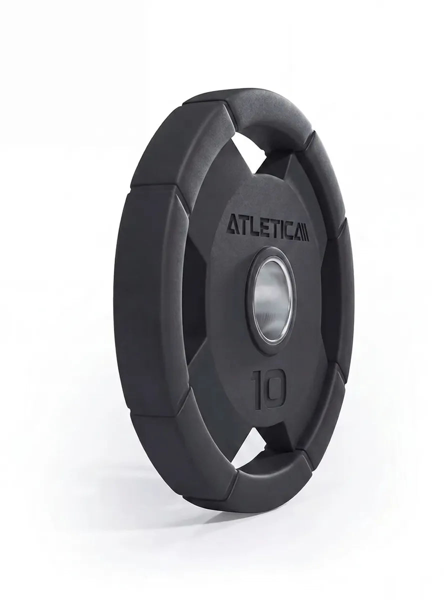 Atletica 4H Gripper Plate 10 lb, side angled view with steel hub