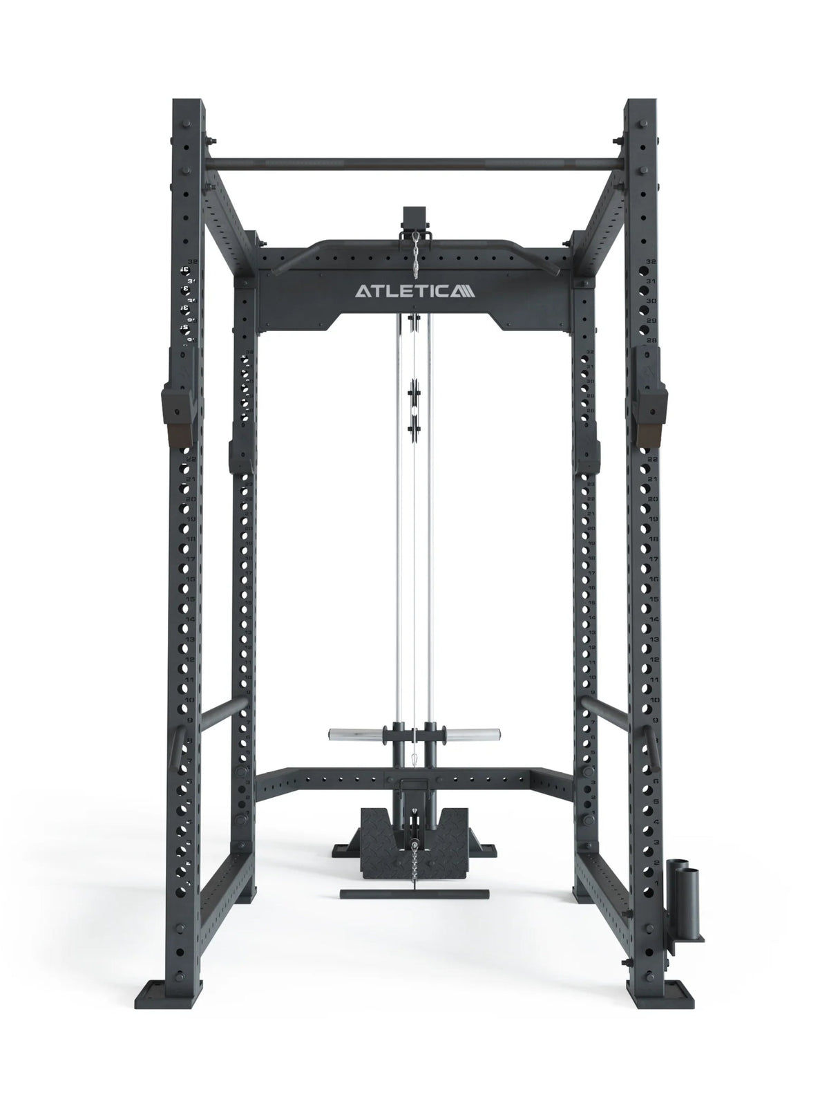 R8 Blaster Power Rack with lat pulldown, 48" long crossbars and deep cage dimensions
