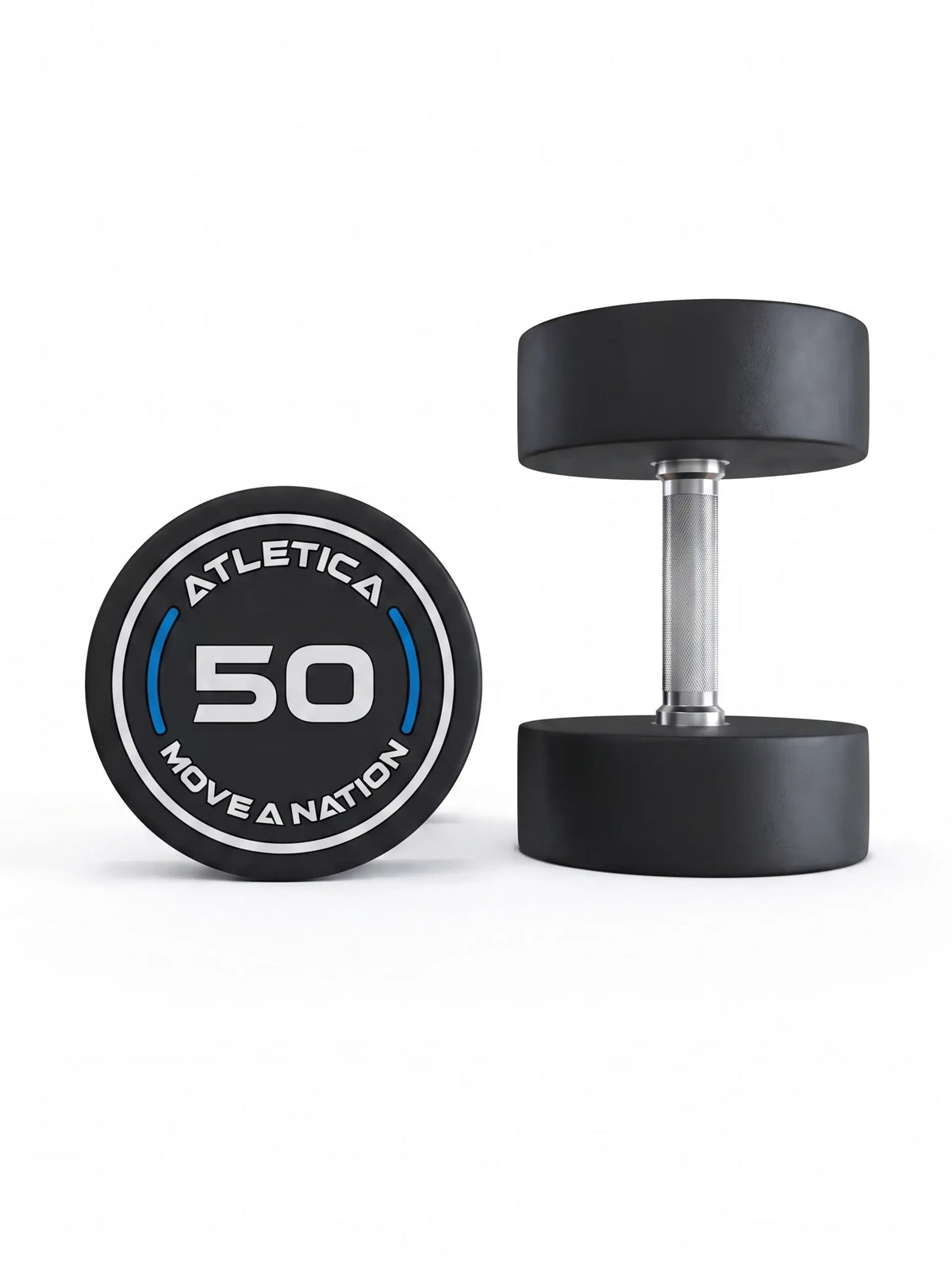 Round Dumbbells PRO In Pairs - two Dumbbells, one standing, one lying, black design, made of polyurethane