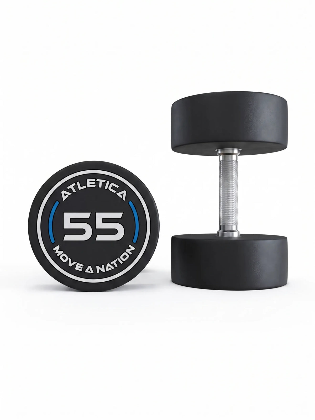 Round Dumbbells PRO 55 lb pair - one dumbbell standing, one lying