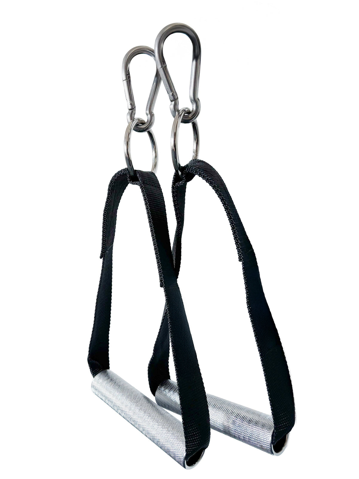Atletica Power D-Handles - Two single-hand handles with carabiner hooks, black straps, silver grip surfaces