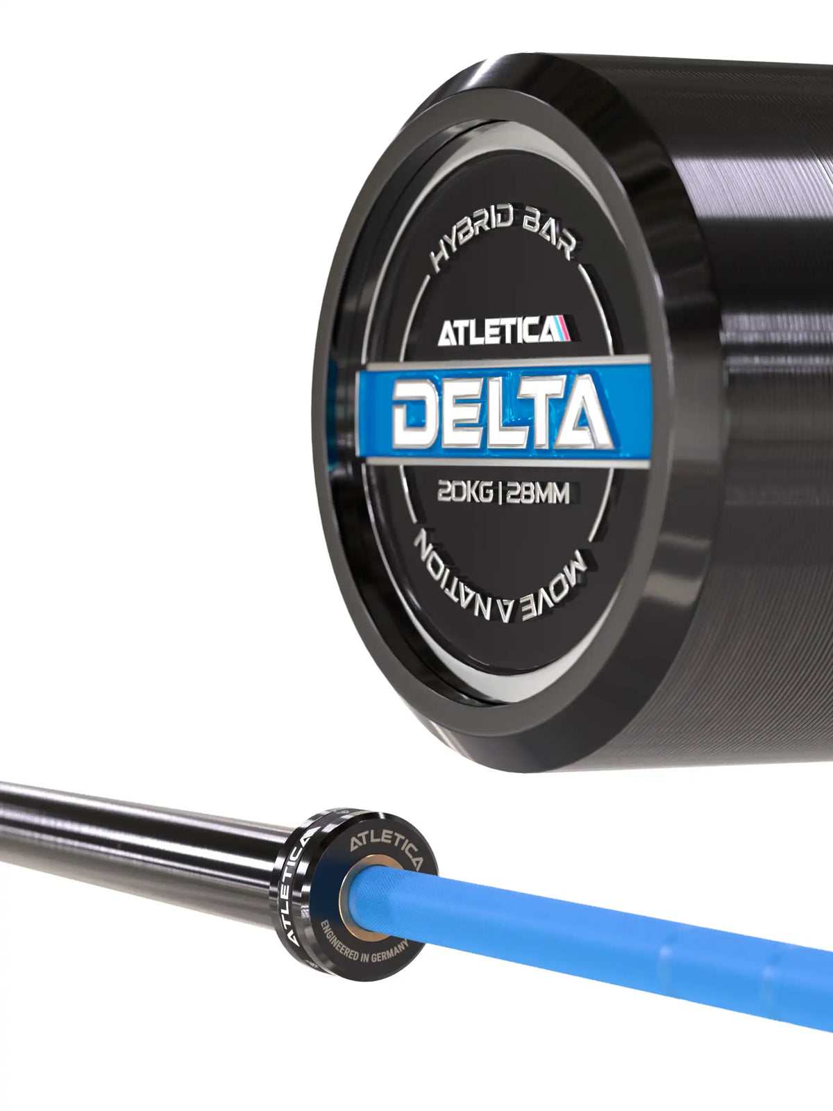Atletica Delta hybrid barbell with bright blue Cerakote shaft, end cap close-up