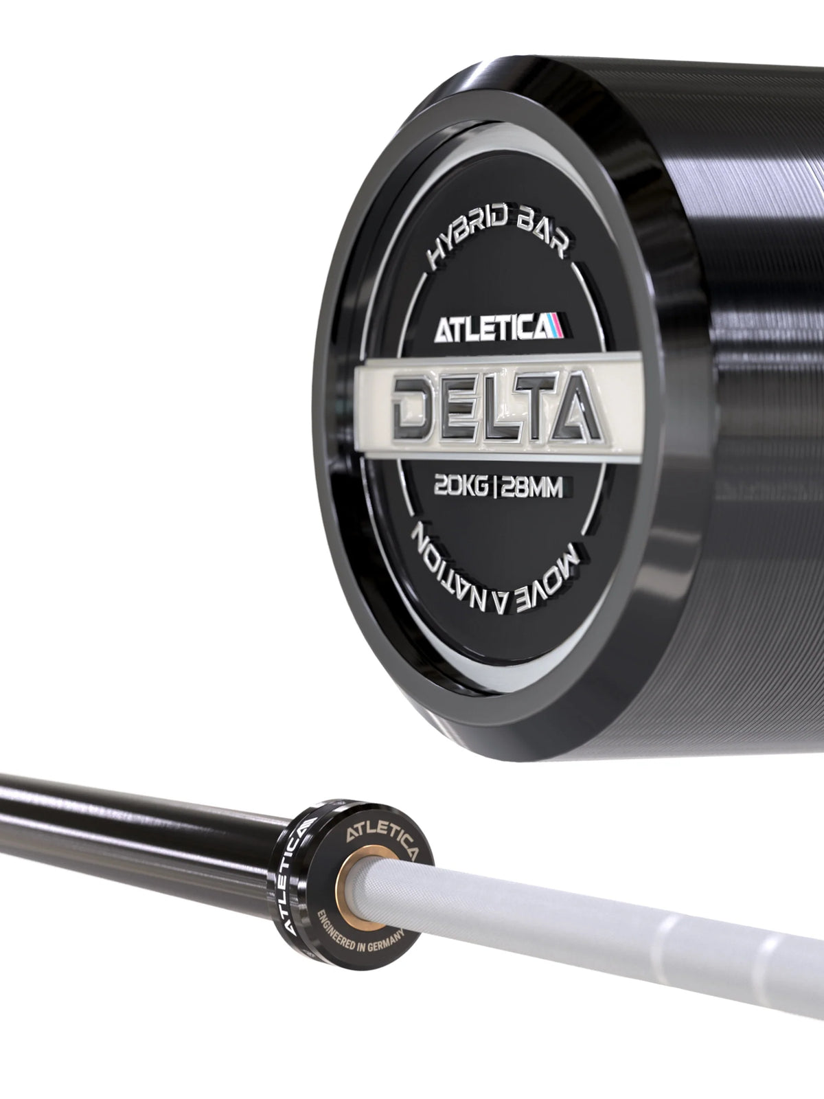 Atletica Delta hybrid barbell with light gray Cerakote shaft, end cap close-up