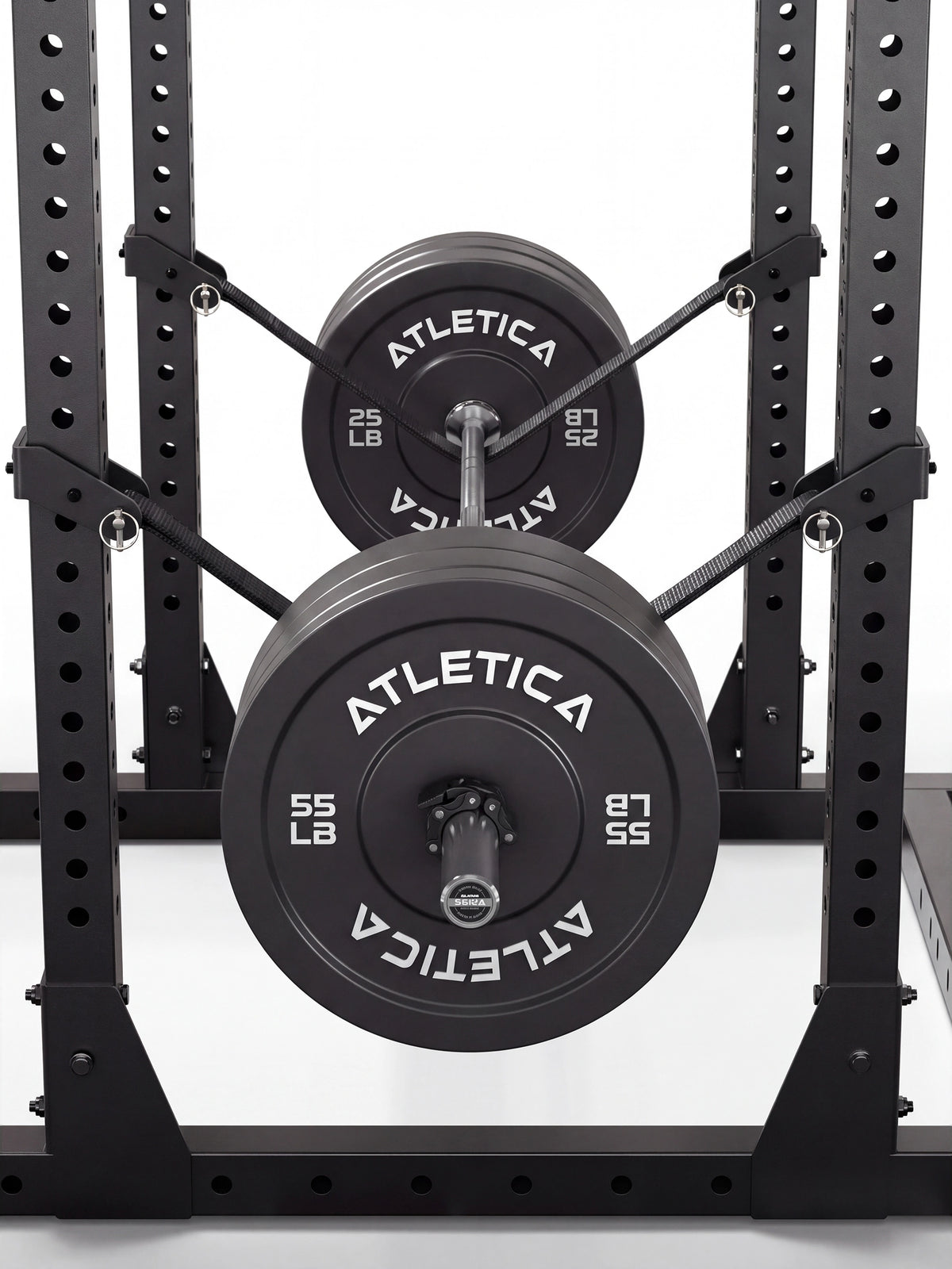 Atletica R7 Safety Straps on the Power Rack with Loaded Barbell – Application View