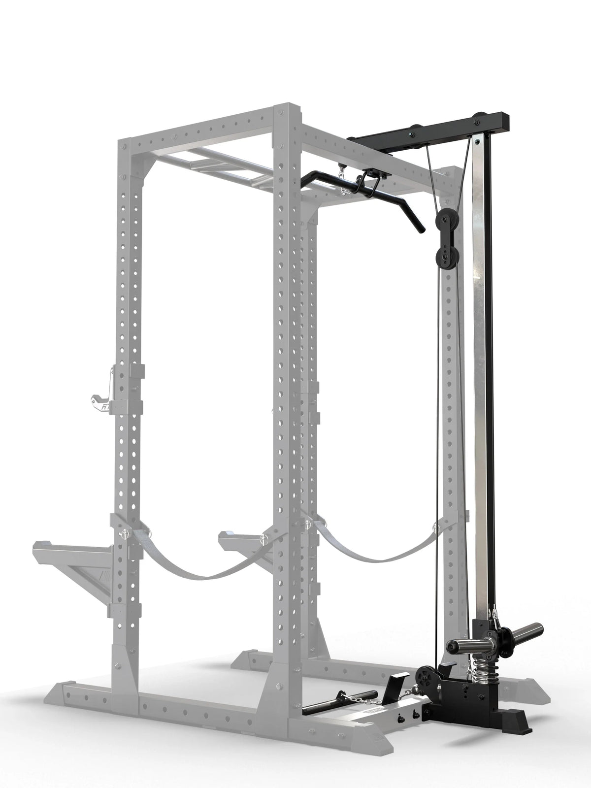 Atletica R7 Lat Pulldown Plate Load High Version, with weight plate holders, lat pulldown bar and knee pad - front view