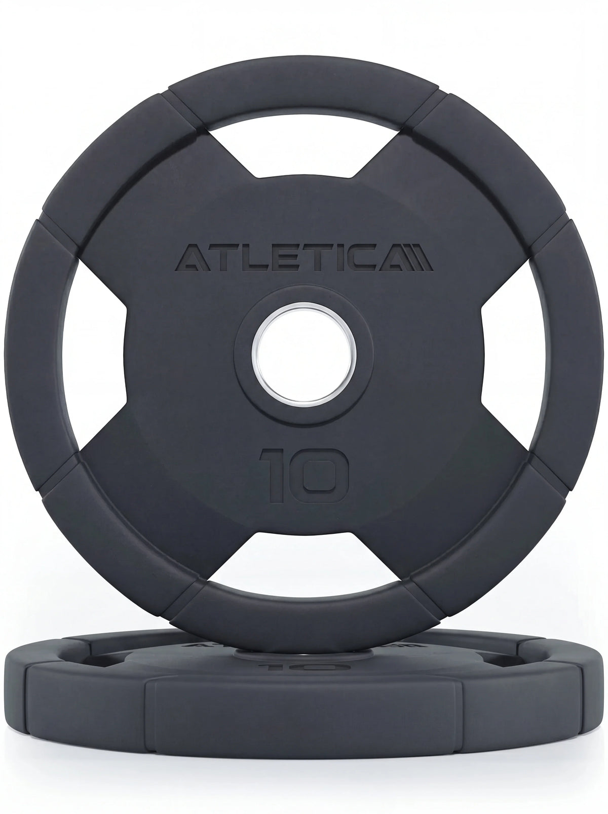 Atletica 4H grip plates pair 22 lb, one standing on one lying, front view
