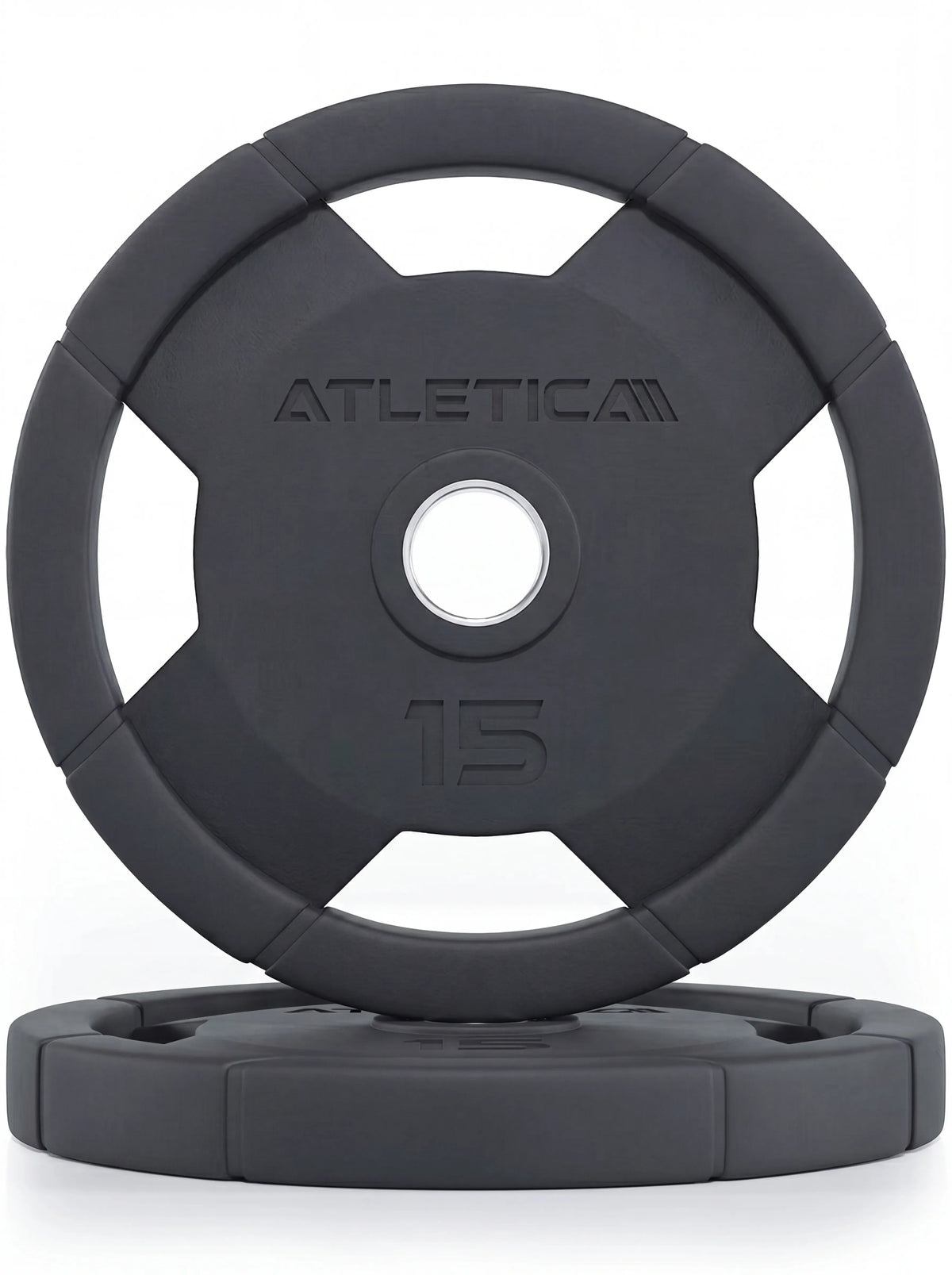Atletica 4H grip plates pair 33 lb, one standing on one lying, front view