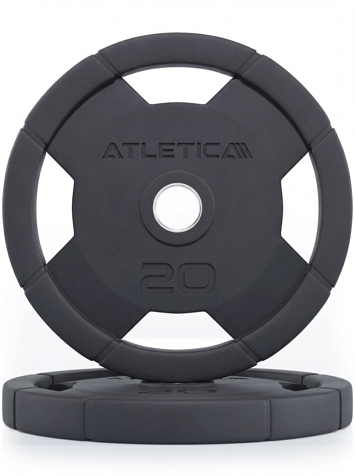 Atletica 4H grip plates pair 44 lb, one standing on one lying, front view