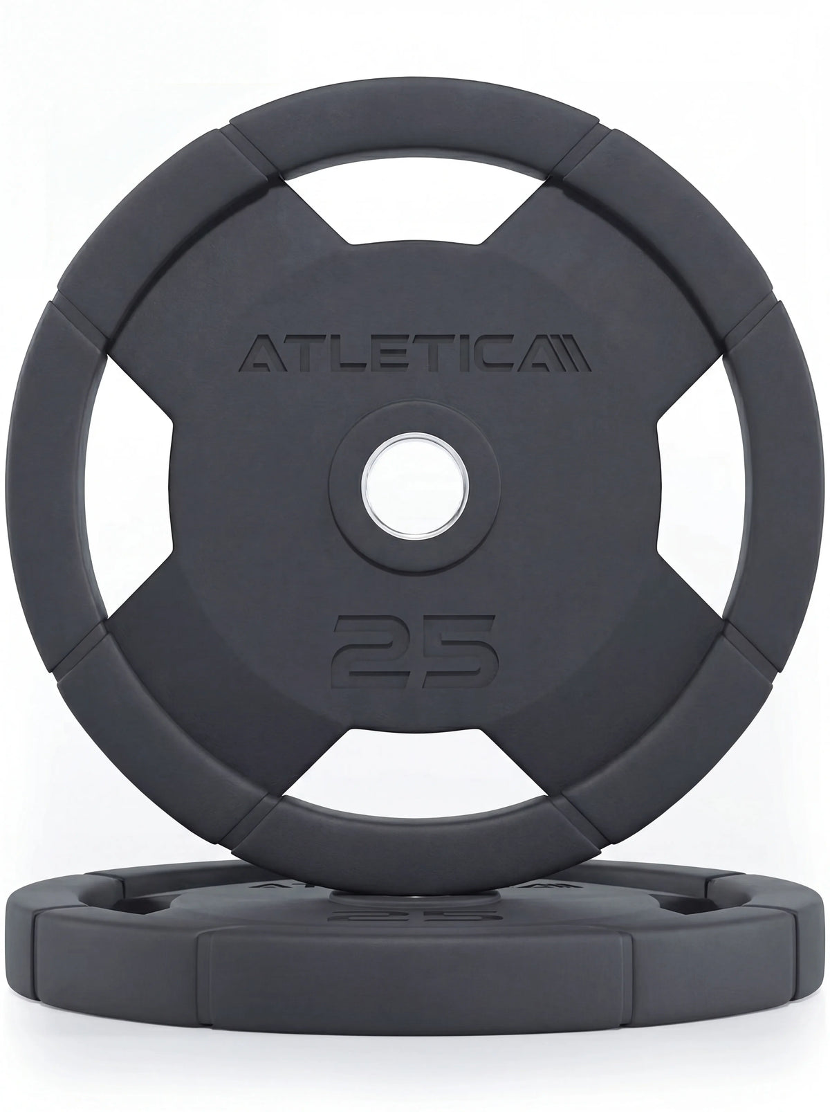 Atletica 4H grip plates pair 55 lb, black with four grip handles, one standing on one lying