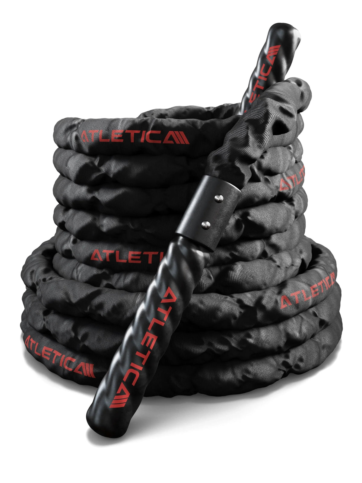 Atletica battle rope 40 ft, coiled black rope with red logo and handles leaning on top
