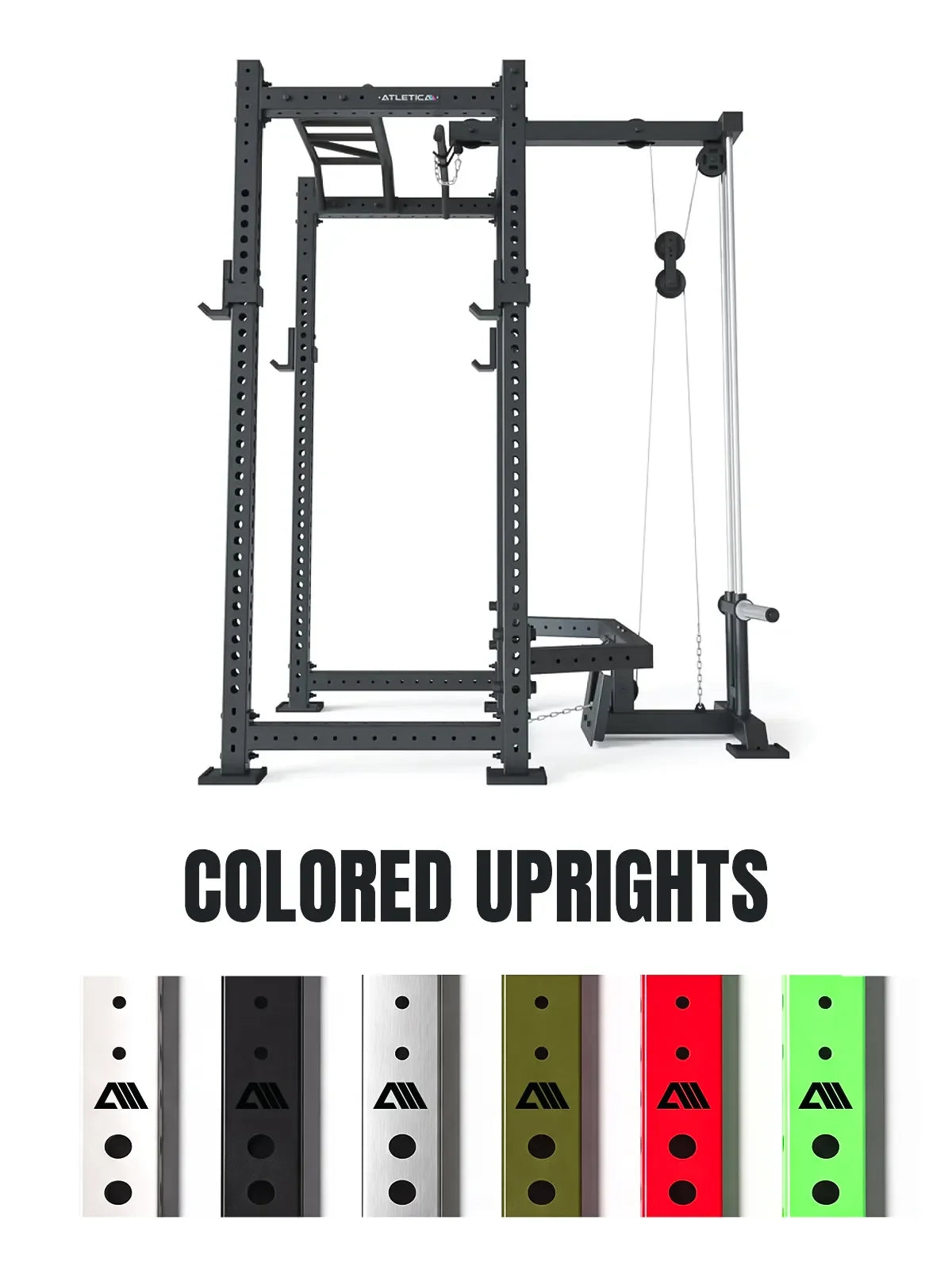 Atletica R8 BlackHawk power rack with lat pulley, graphic showing colored upright options