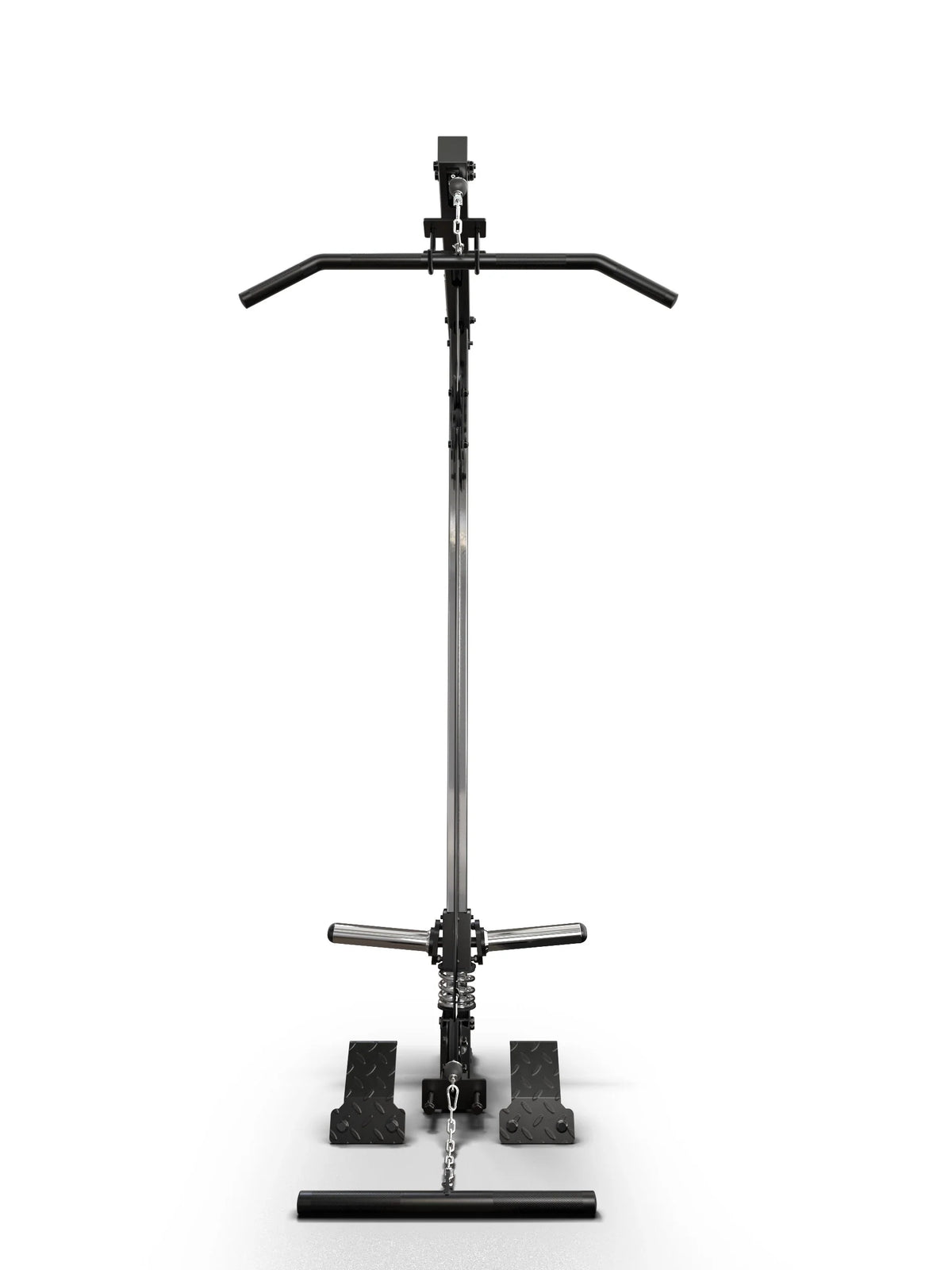 Atletica R7 Lat Pulldown Plate Load Low Version, with Weight Plate holders, lat bar and knee pad - front view