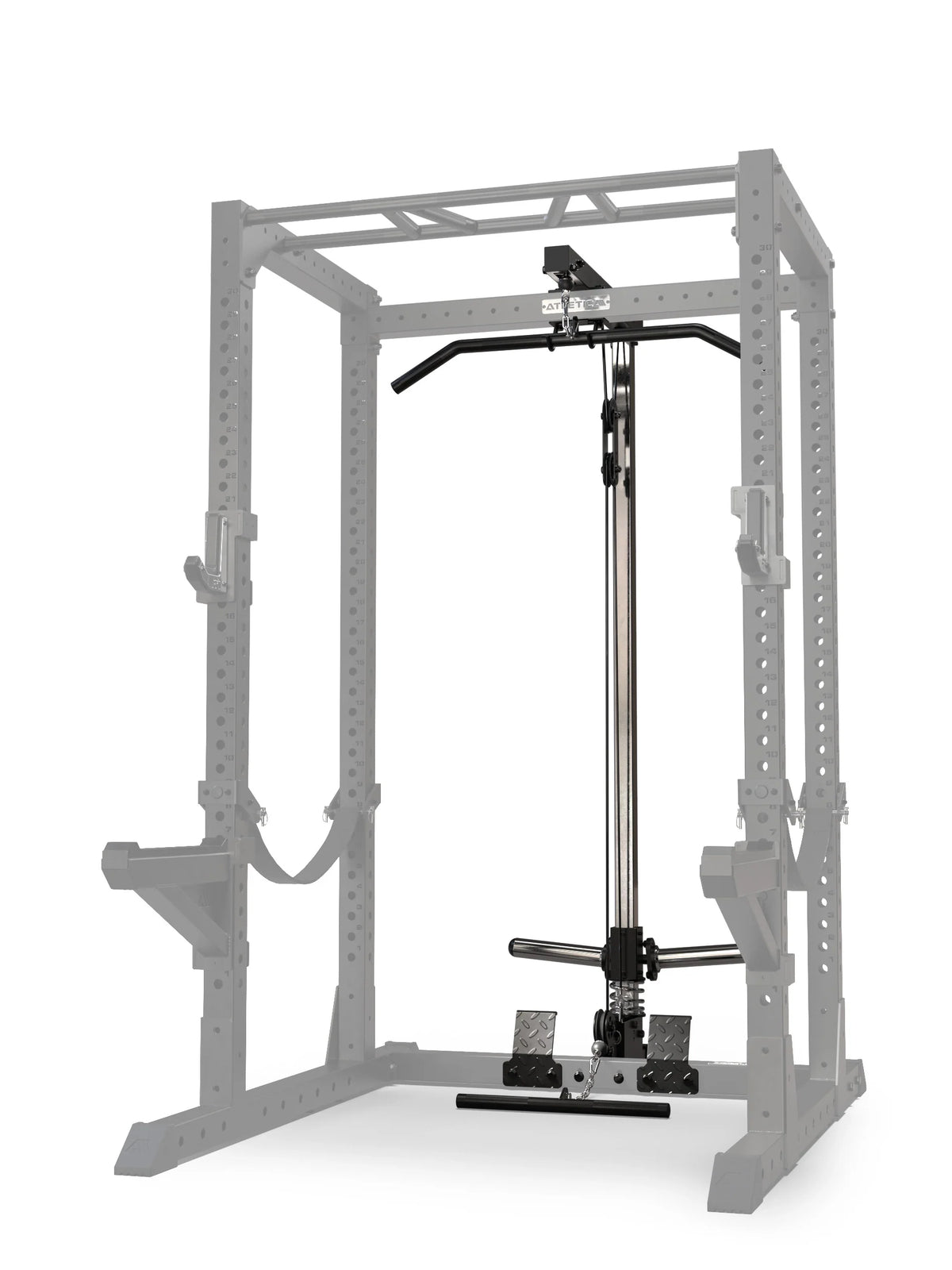 Atletica R7 lat pulldown attachment, low plate-loaded version, mounted in a power rack, angled view