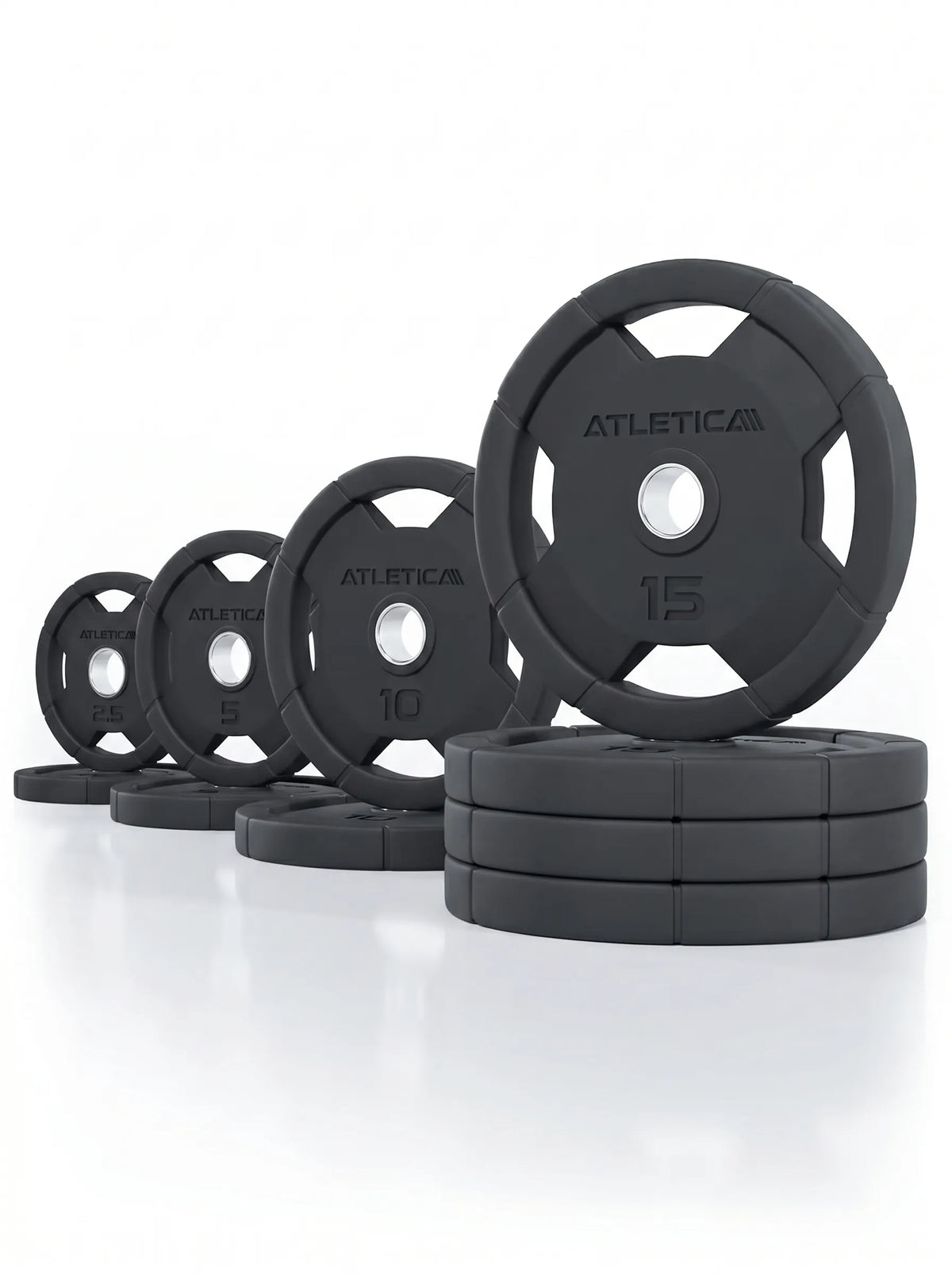 Atletica 4H Grip Plates set 209 lb (95 kg), plates lined up with largest plates stacked