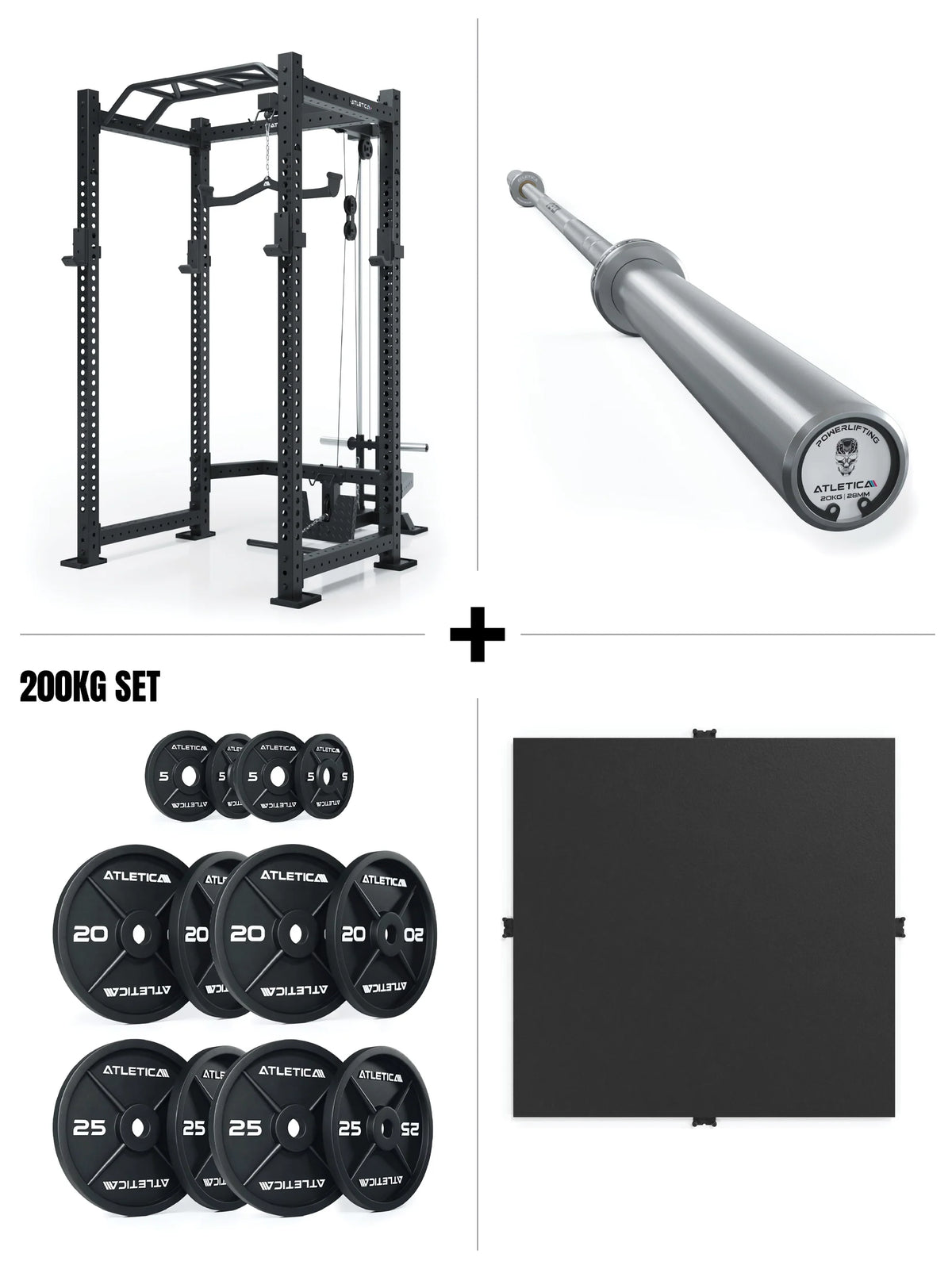 Atletica R8 Hawk Set - Power Rack Set with barbell, 440 lb Iron Plates and gym flooring