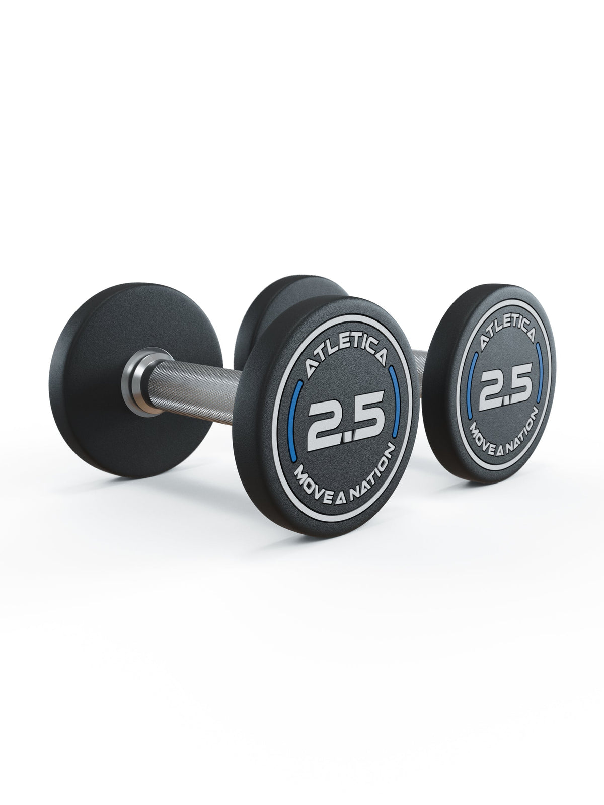 Atletica PRO round dumbbells 6 lb (2.5 kg), black with blue ring, pair, angled view