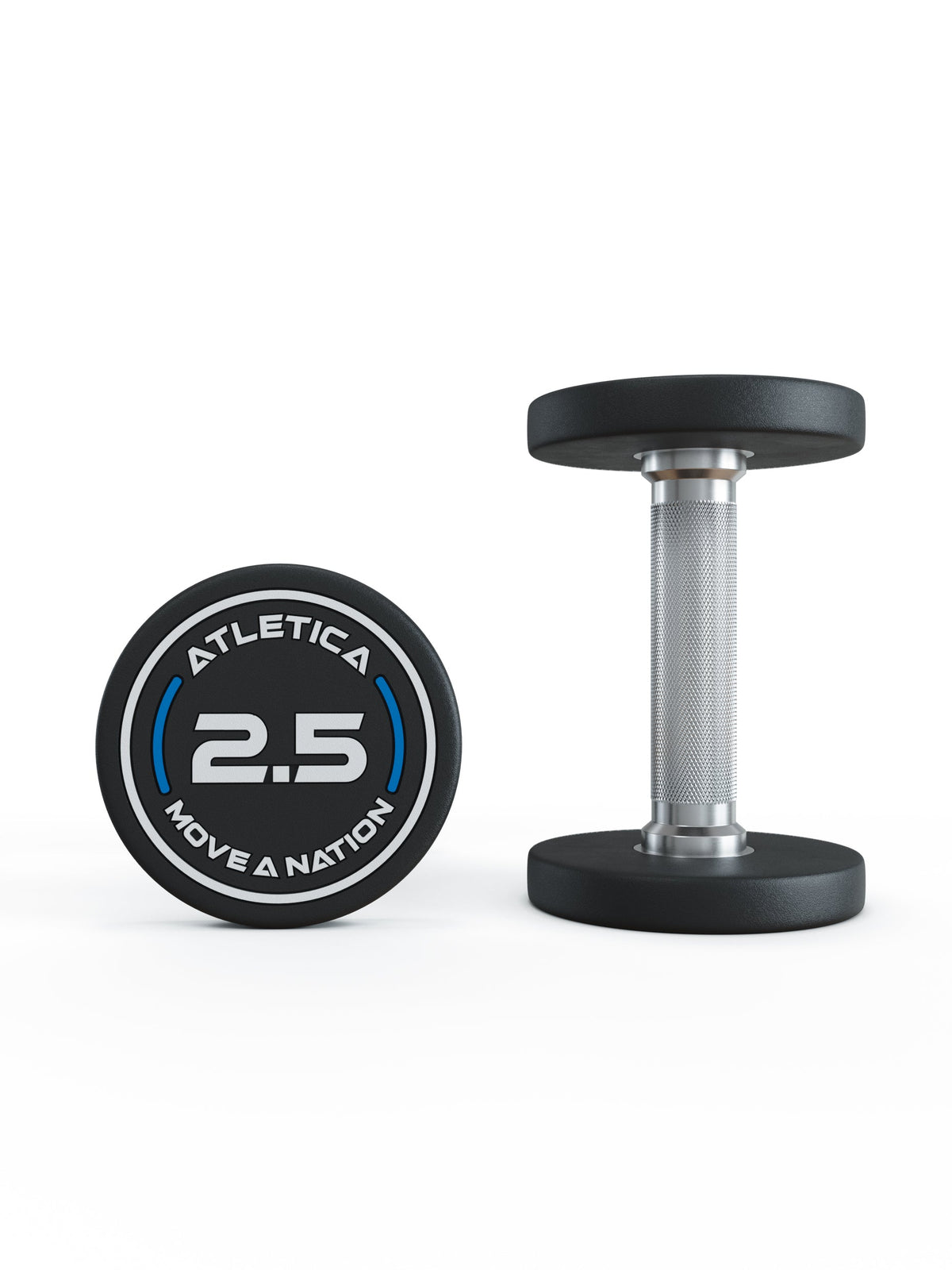 Atletica PRO round dumbbell 6 lb (2.5 kg), front of the end cap and side view of the handle