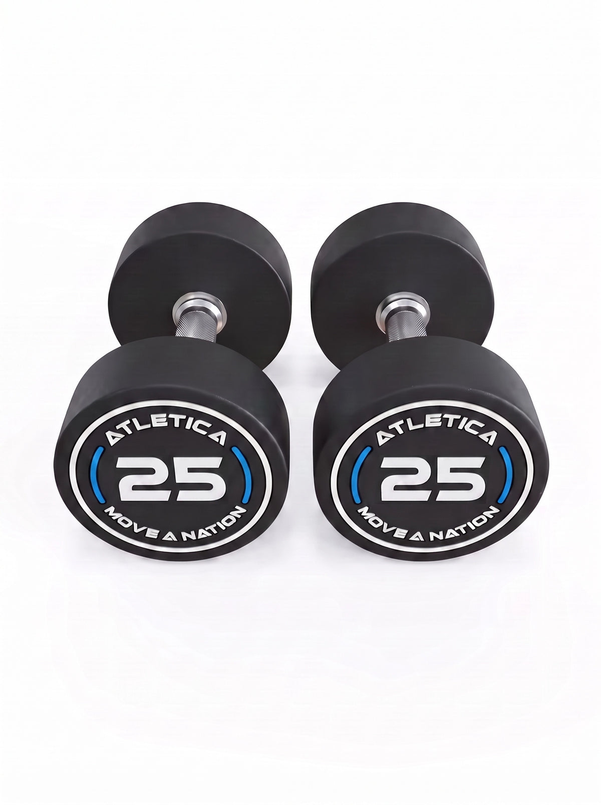 Round Dumbbells PRO In Pairs - Two 25 lb black dumbbells, silver grips, made of polyurethane, for dumbbell strength training