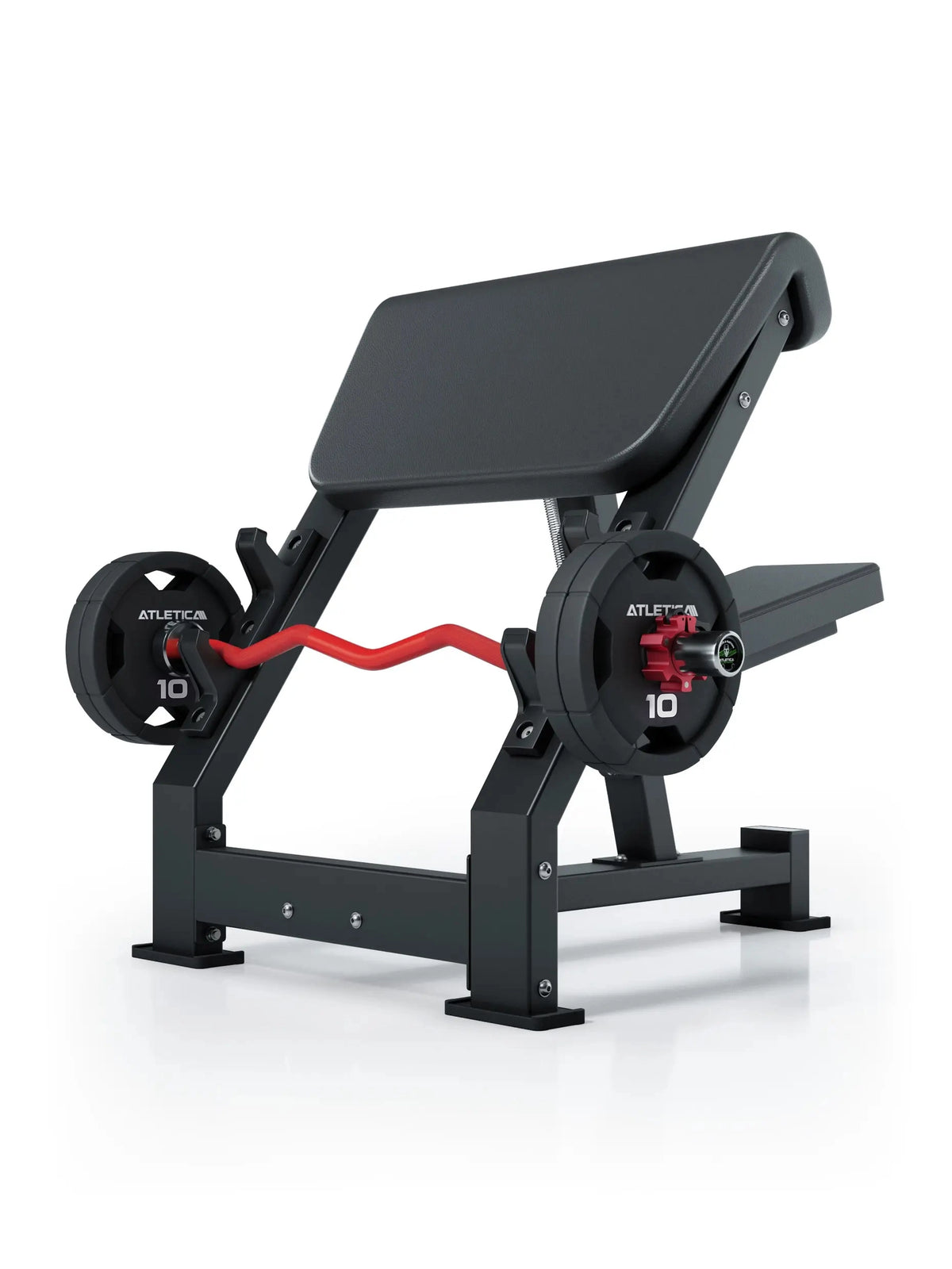 Atletica Preacher Curl biceps bench with padded arm rest, red curl bar and weight plates