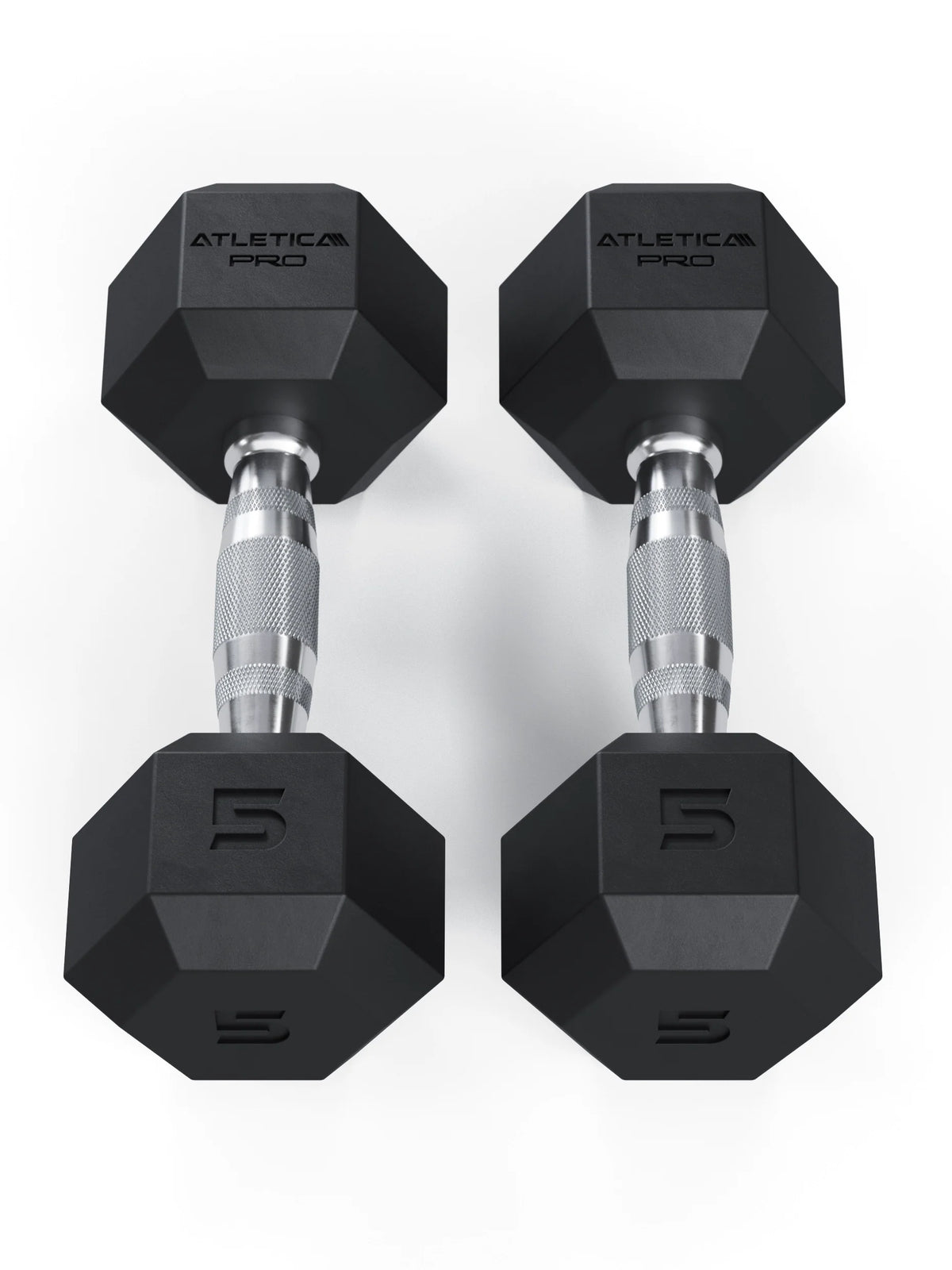 Atletica Hexagon PRO dumbbells 11 lb pair standing upright side by side, front view