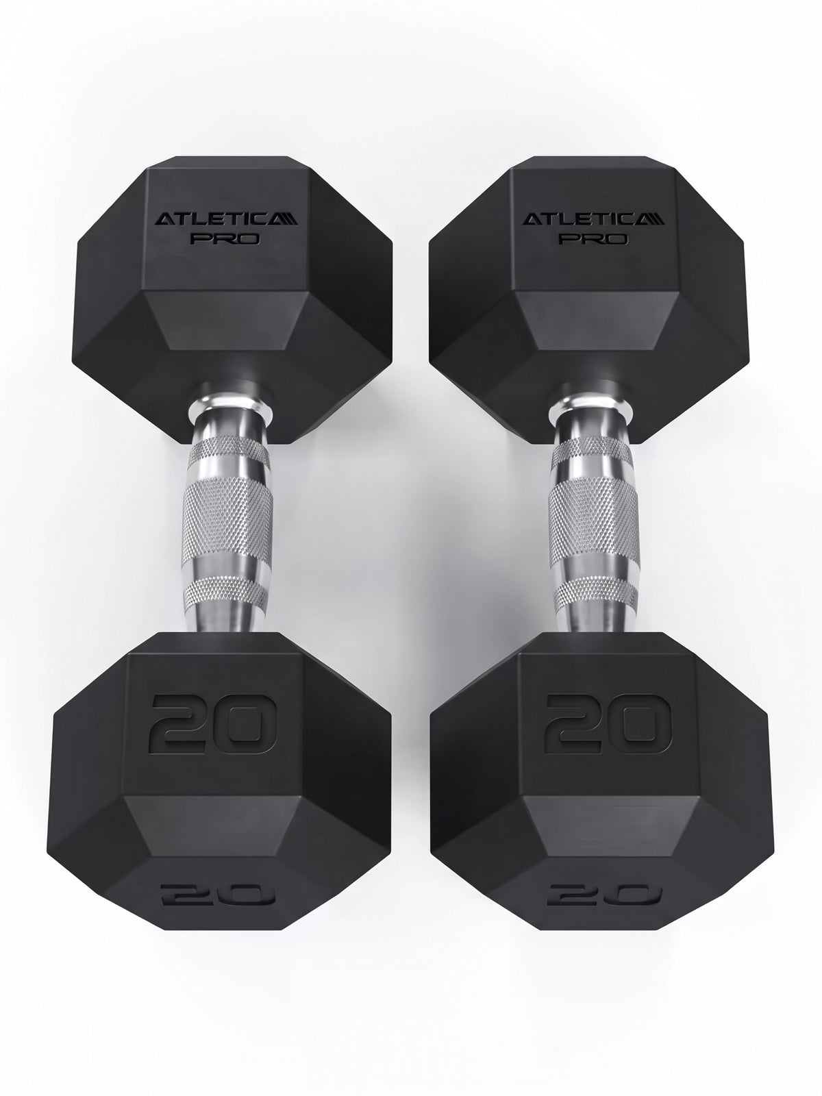 Hexagon Dumbbells PRO - two black Hexagon dumbbells, each 20 lb, silver grips,