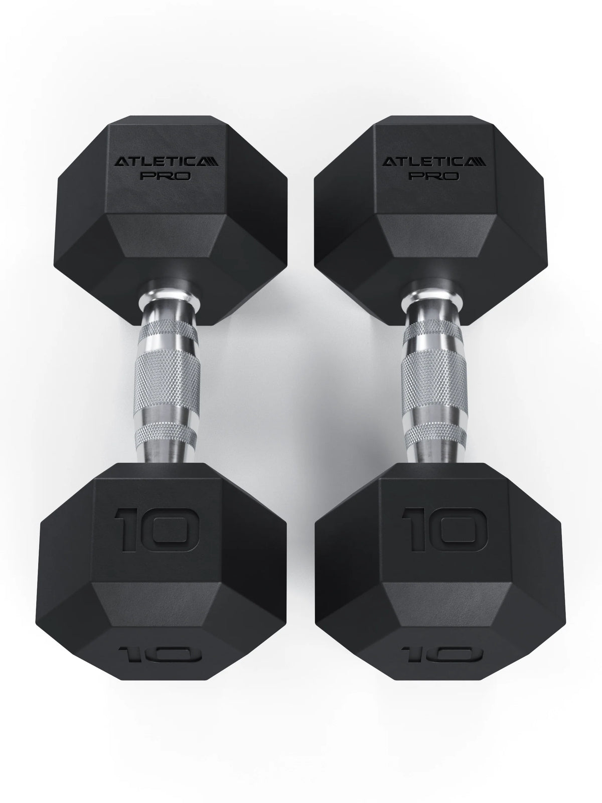 Atletica Hexagon PRO dumbbells 22 lb pair standing upright side by side, front view