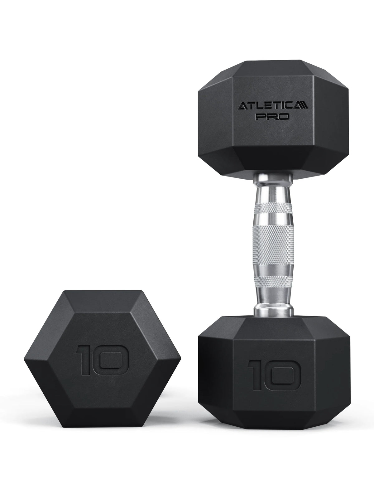 Atletica Hexagon PRO dumbbells 22 lb pair, one upright beside one lying on its side